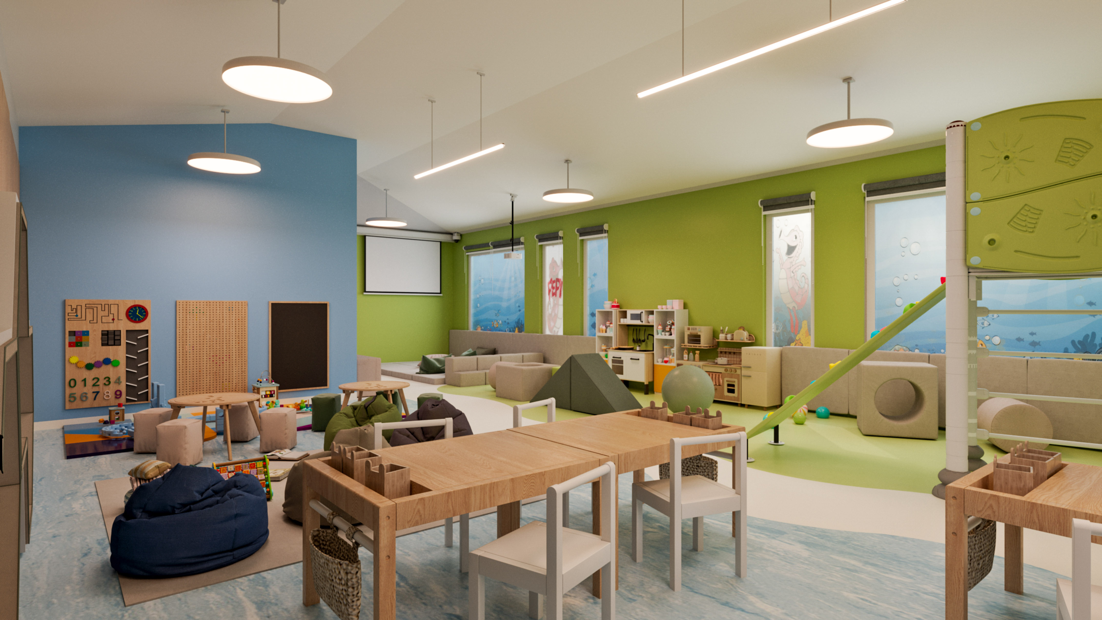 a room with a table and chairs