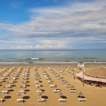 a beach with umbrellas and chairs