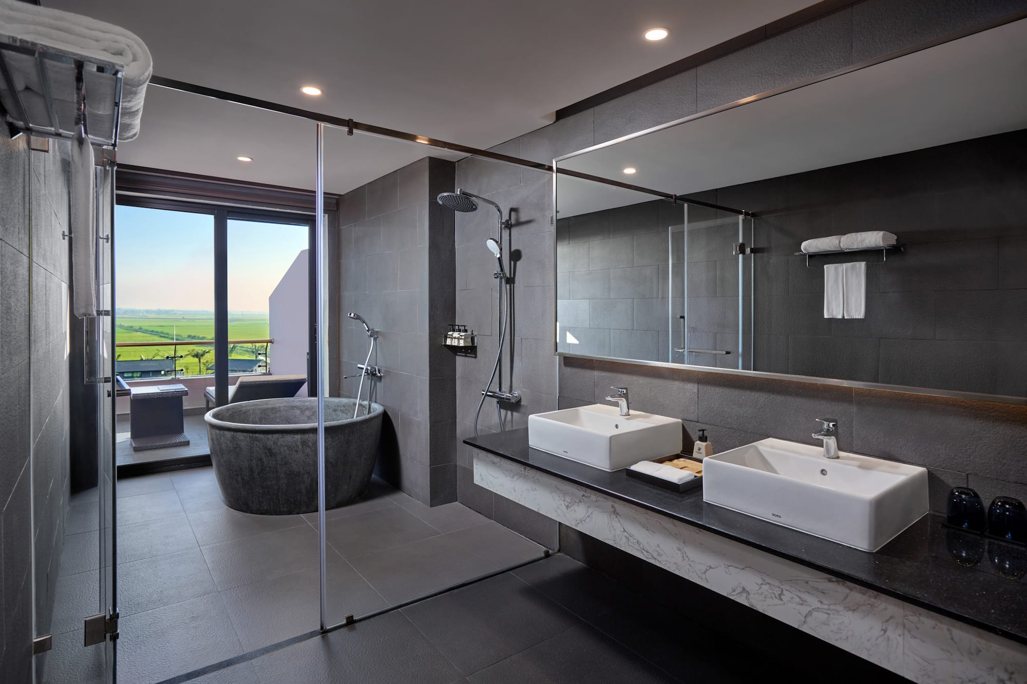 a bathroom with a tub and sink