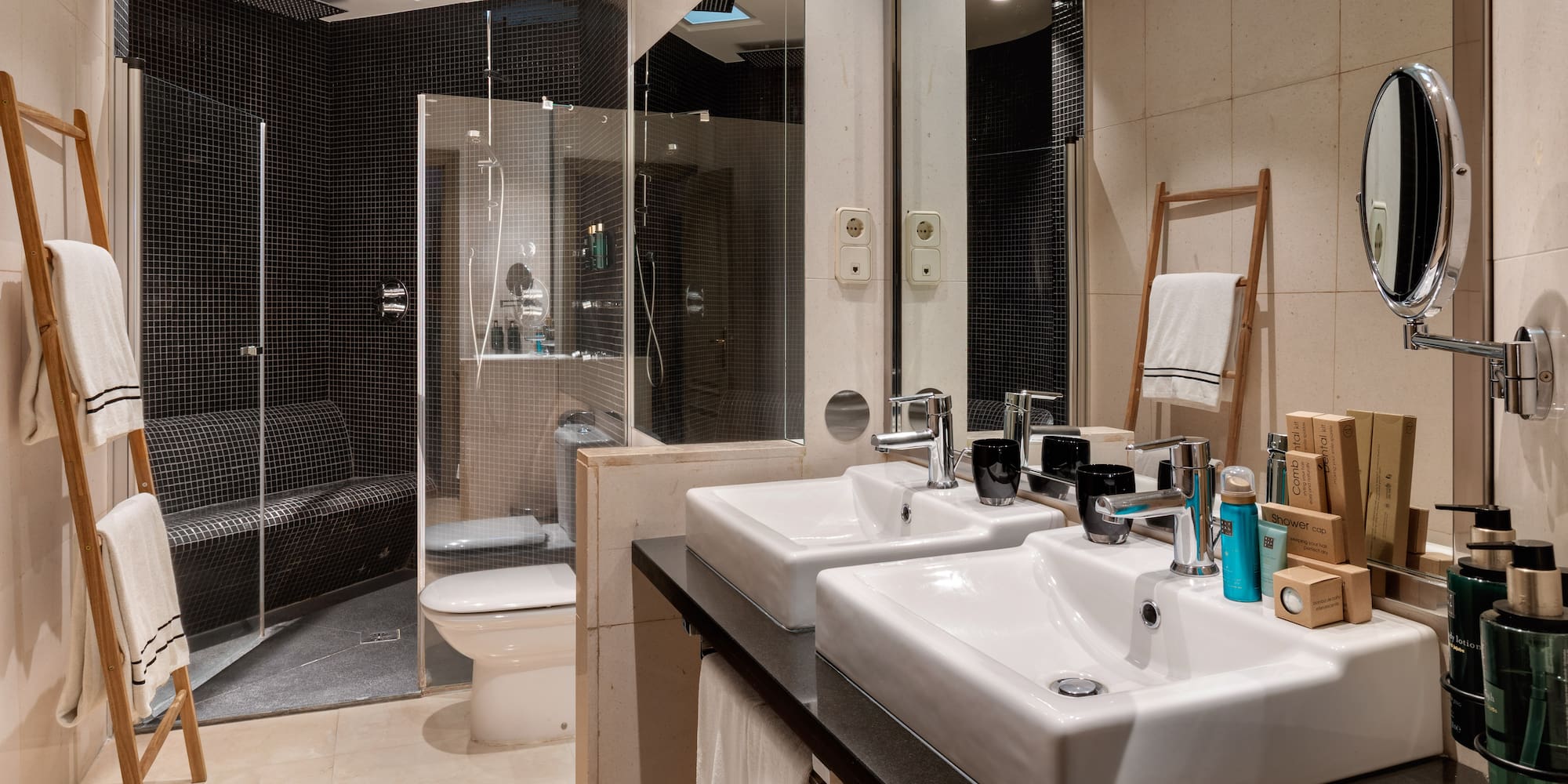 a bathroom with a shower and sink