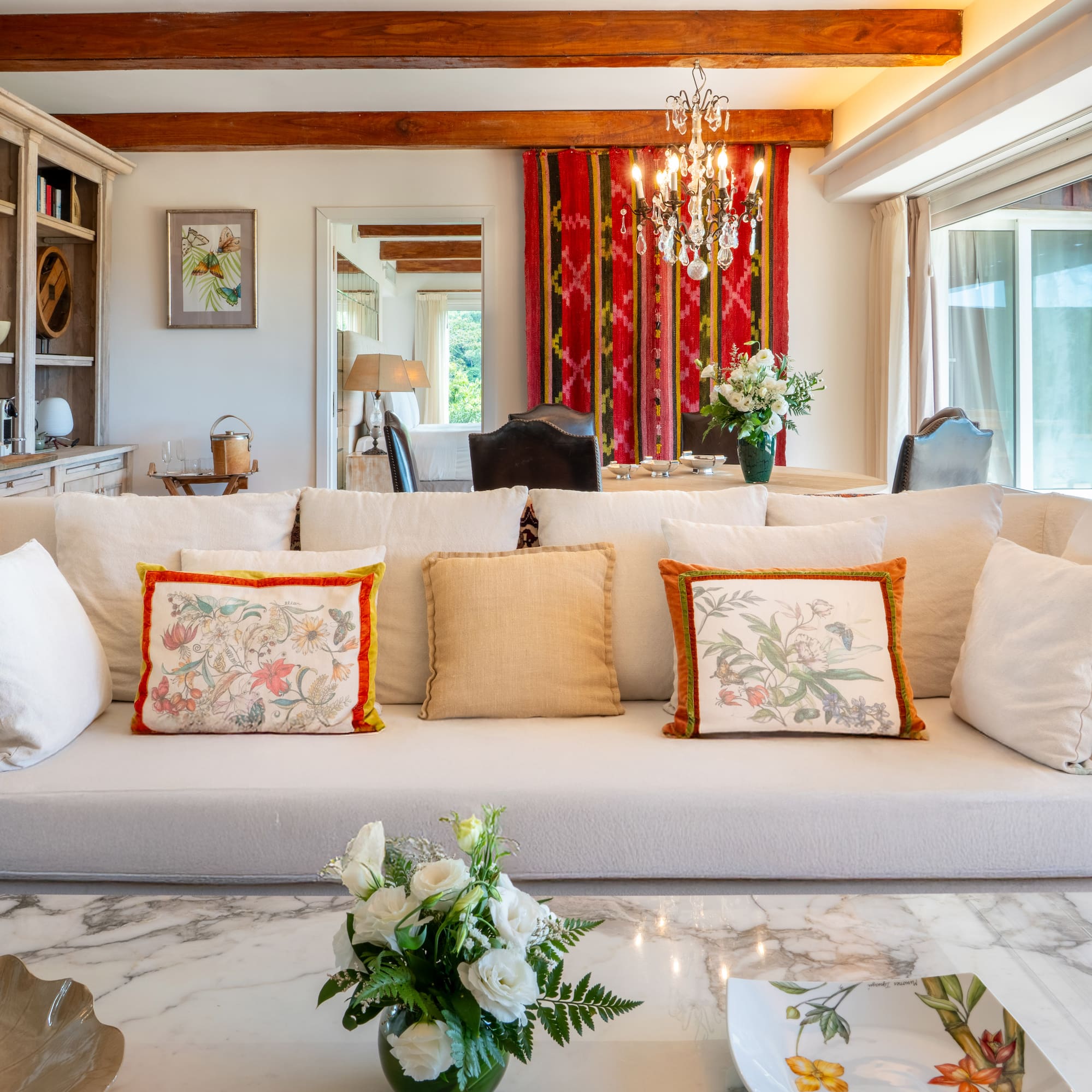 a living room with a couch and a table