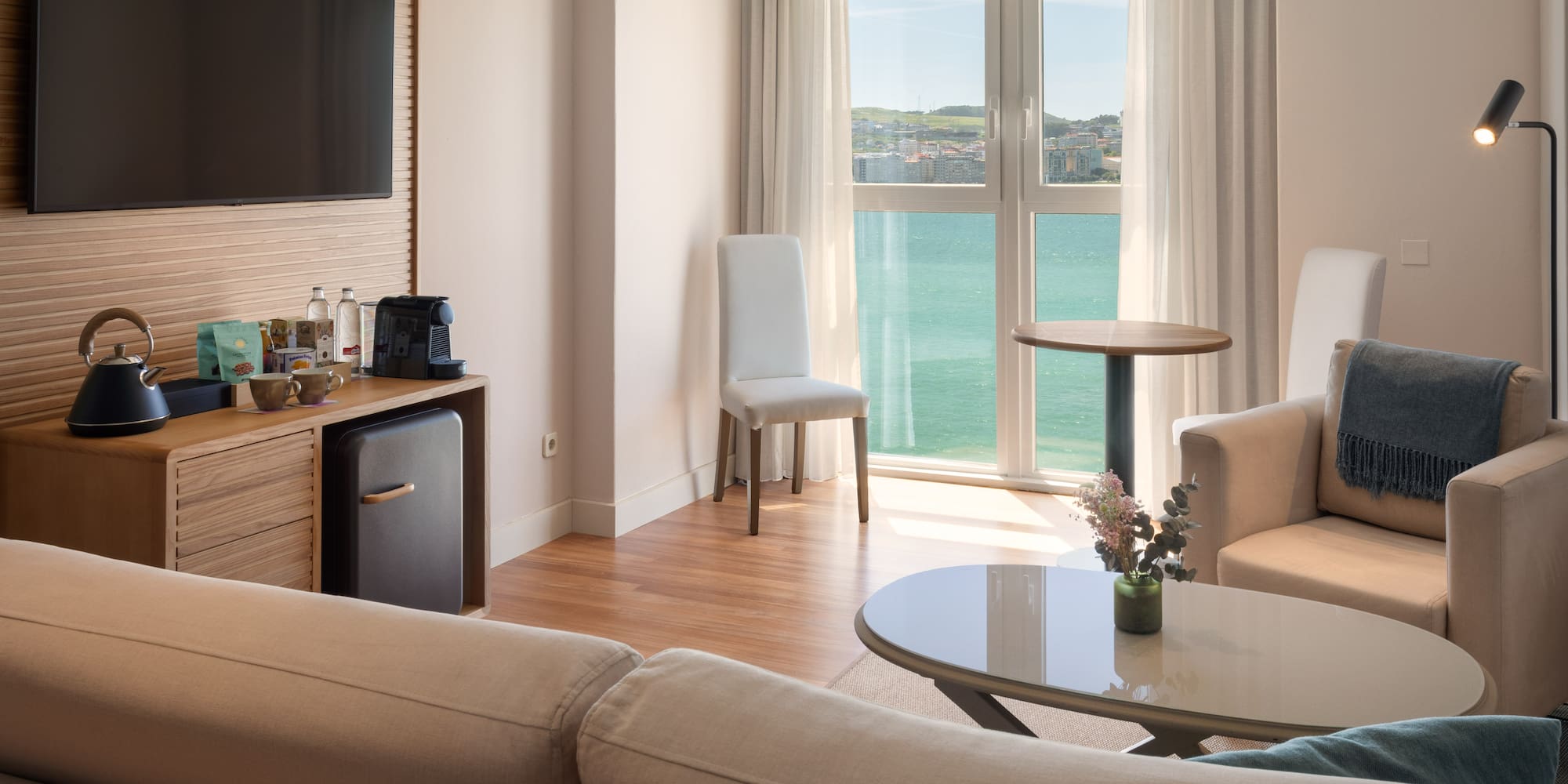 a room with a television and a table