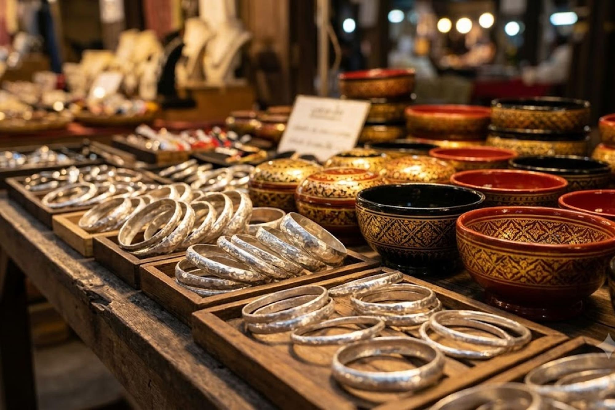 Handmade silver bracelets and ornate Thai lacquer bowls at a market.