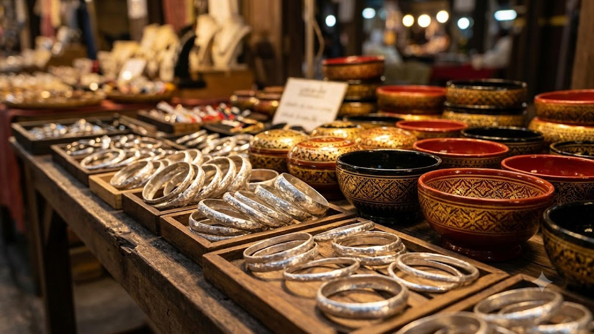 Handmade silver bracelets and ornate Thai lacquer bowls at a market.