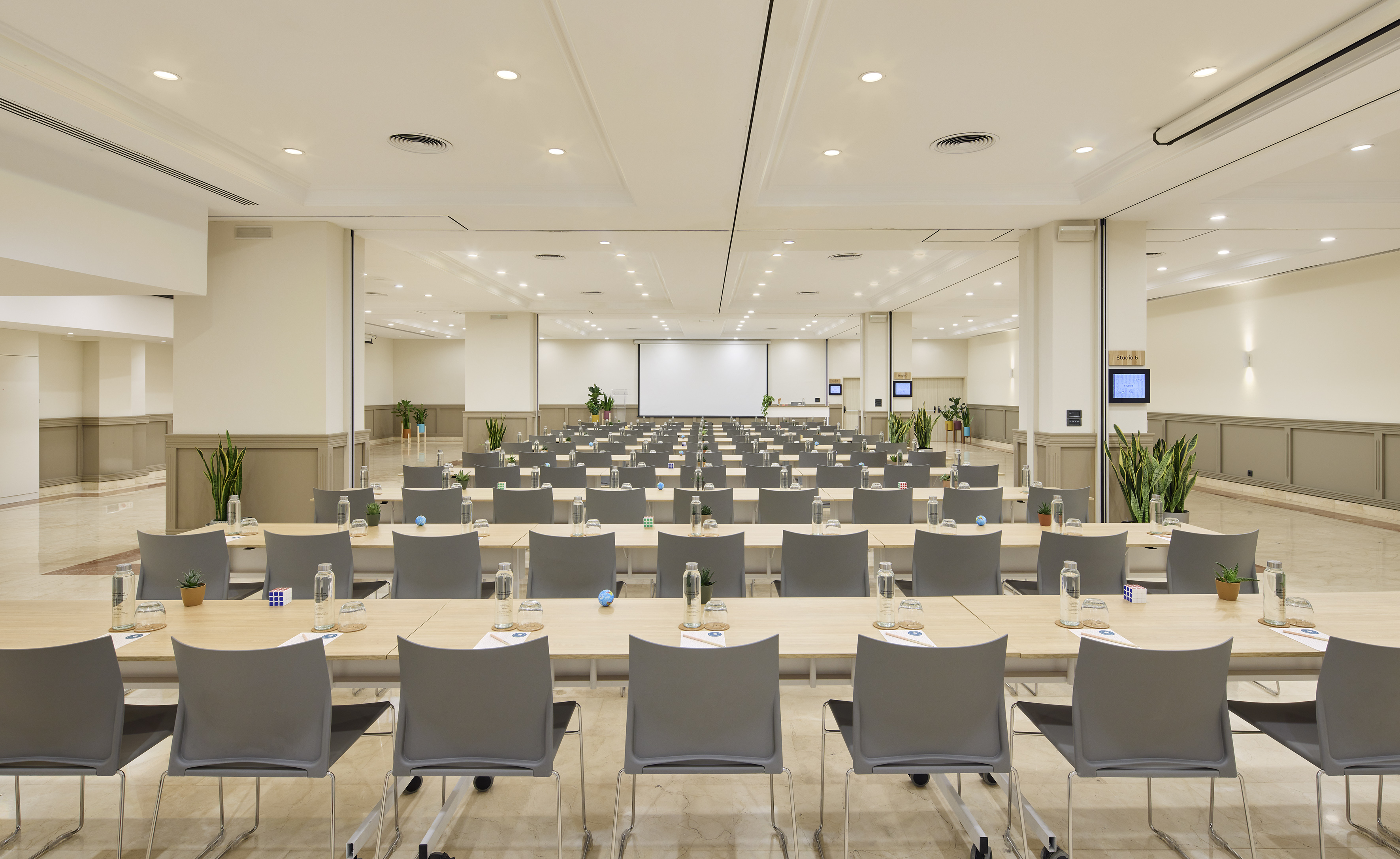 Empty modern conference hall with classroom setup, projector screen, and green plants.