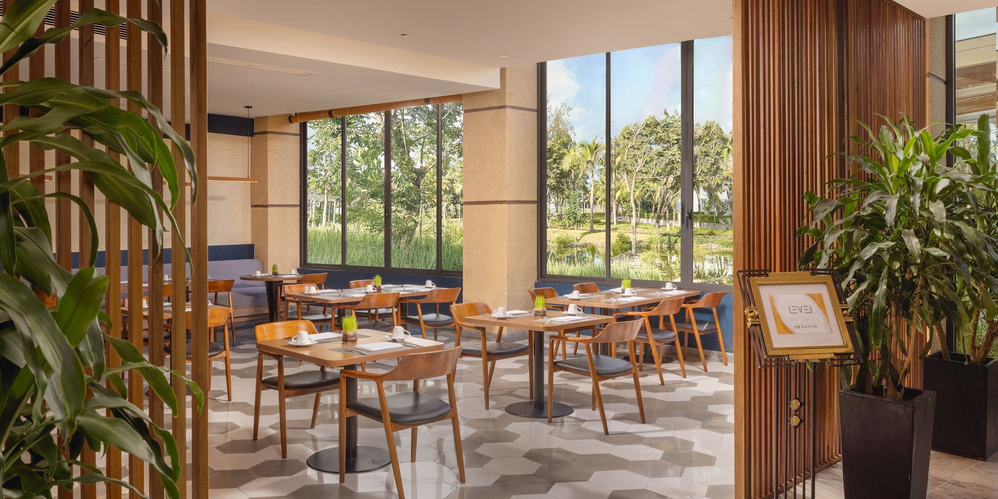 a room with tables and chairs