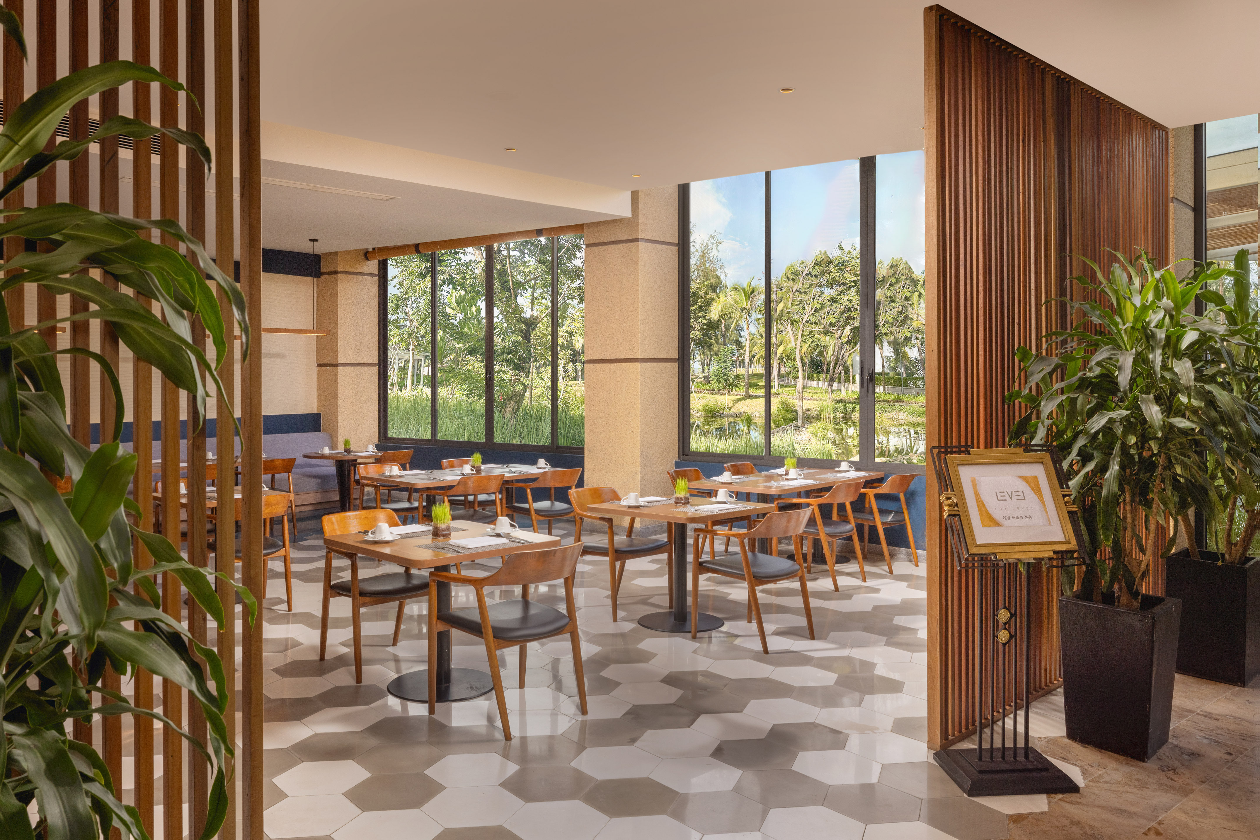 a room with tables and chairs