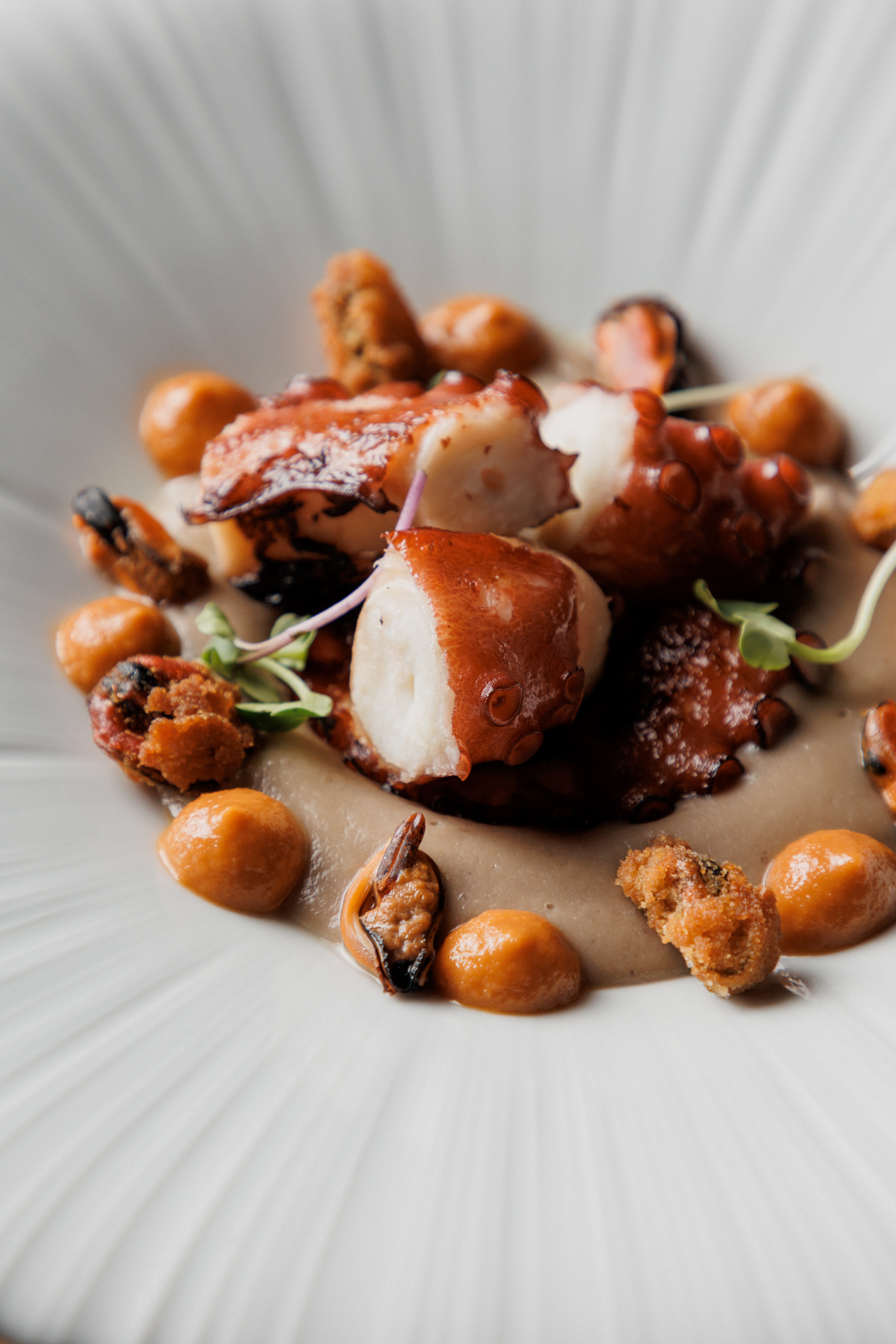 Gourmet grilled octopus with mussels and purees on a white plate.
