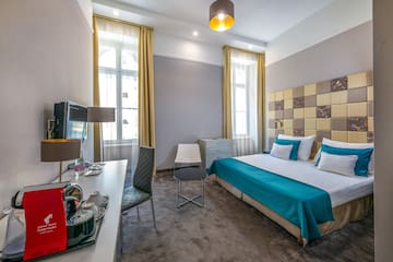 a room with a bed and a table