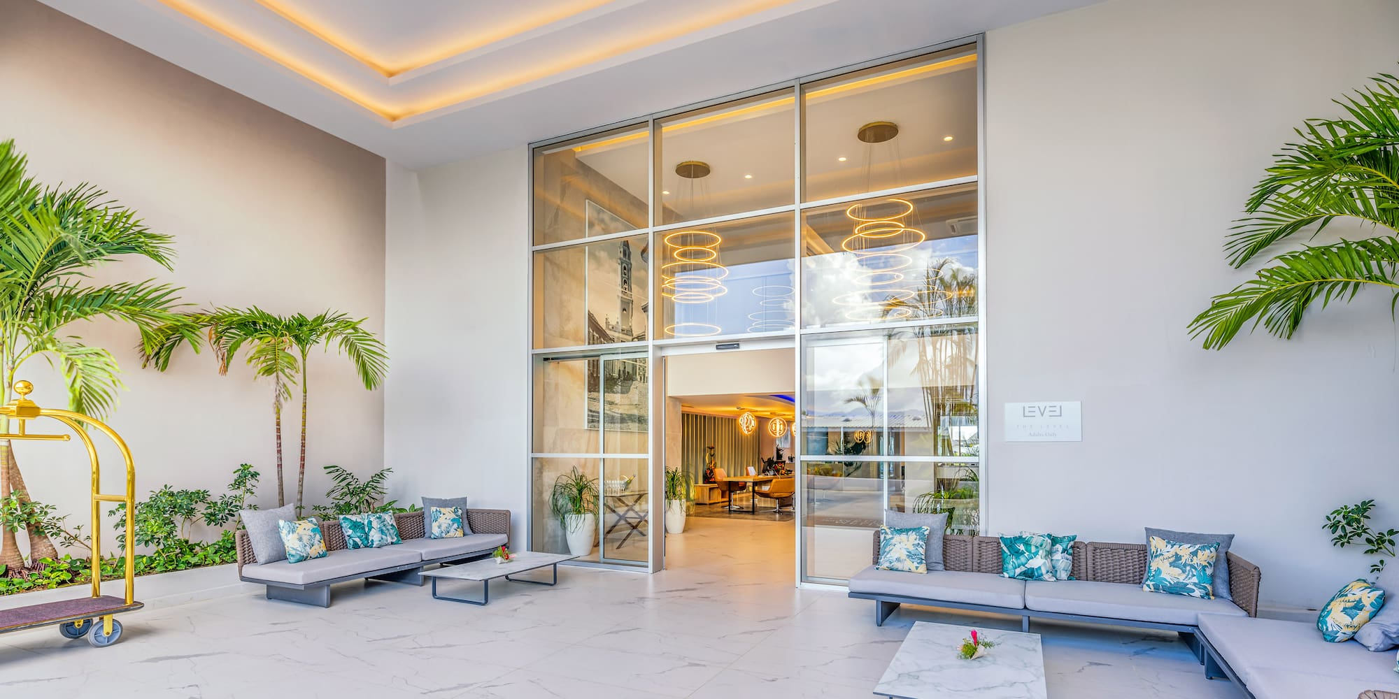 a room with a large glass wall and a large window