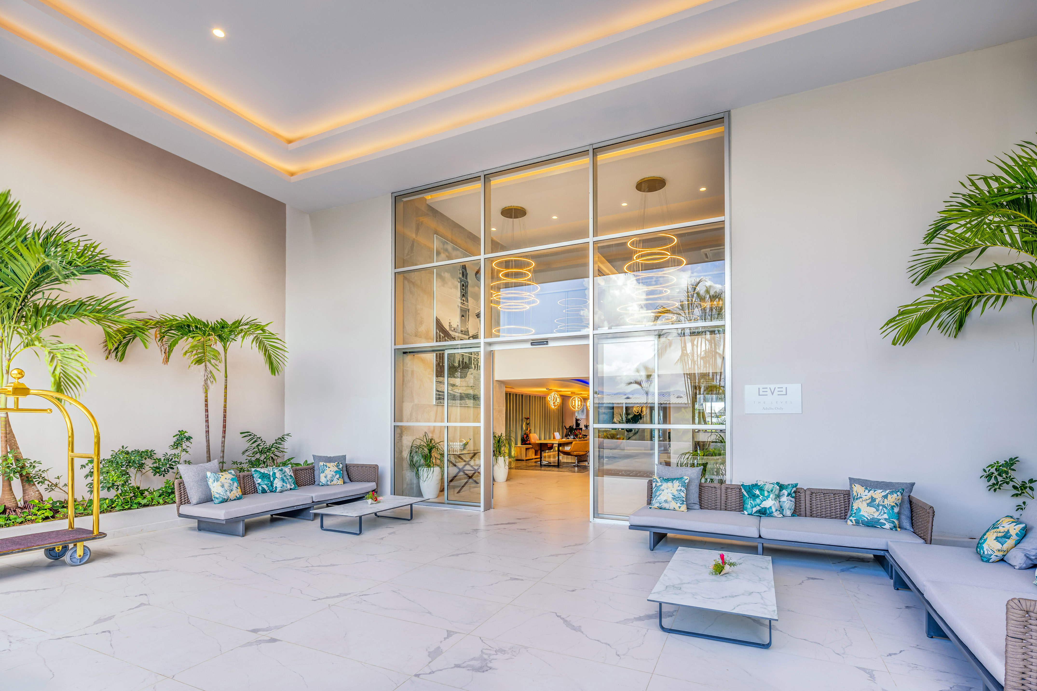 a room with a large glass wall and a large window