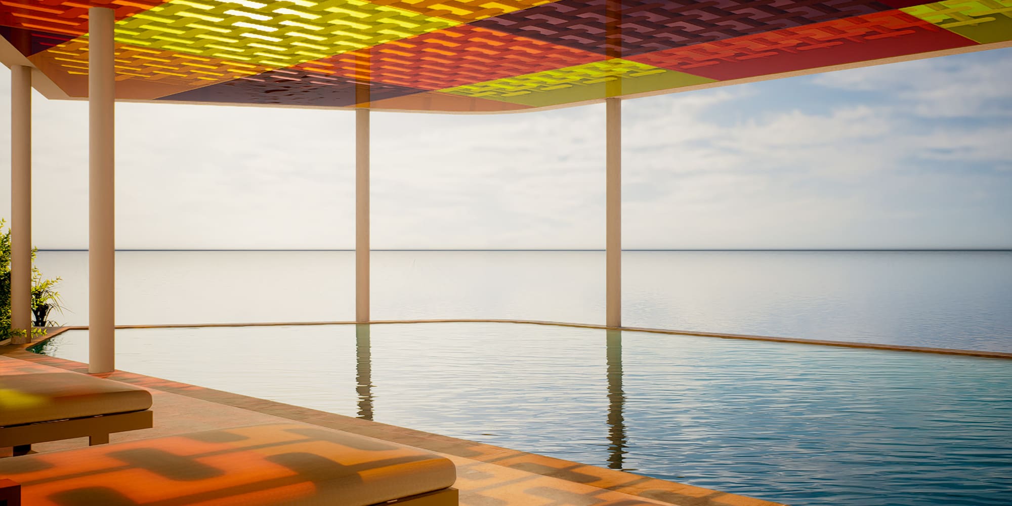 a pool with a colorful roof over it