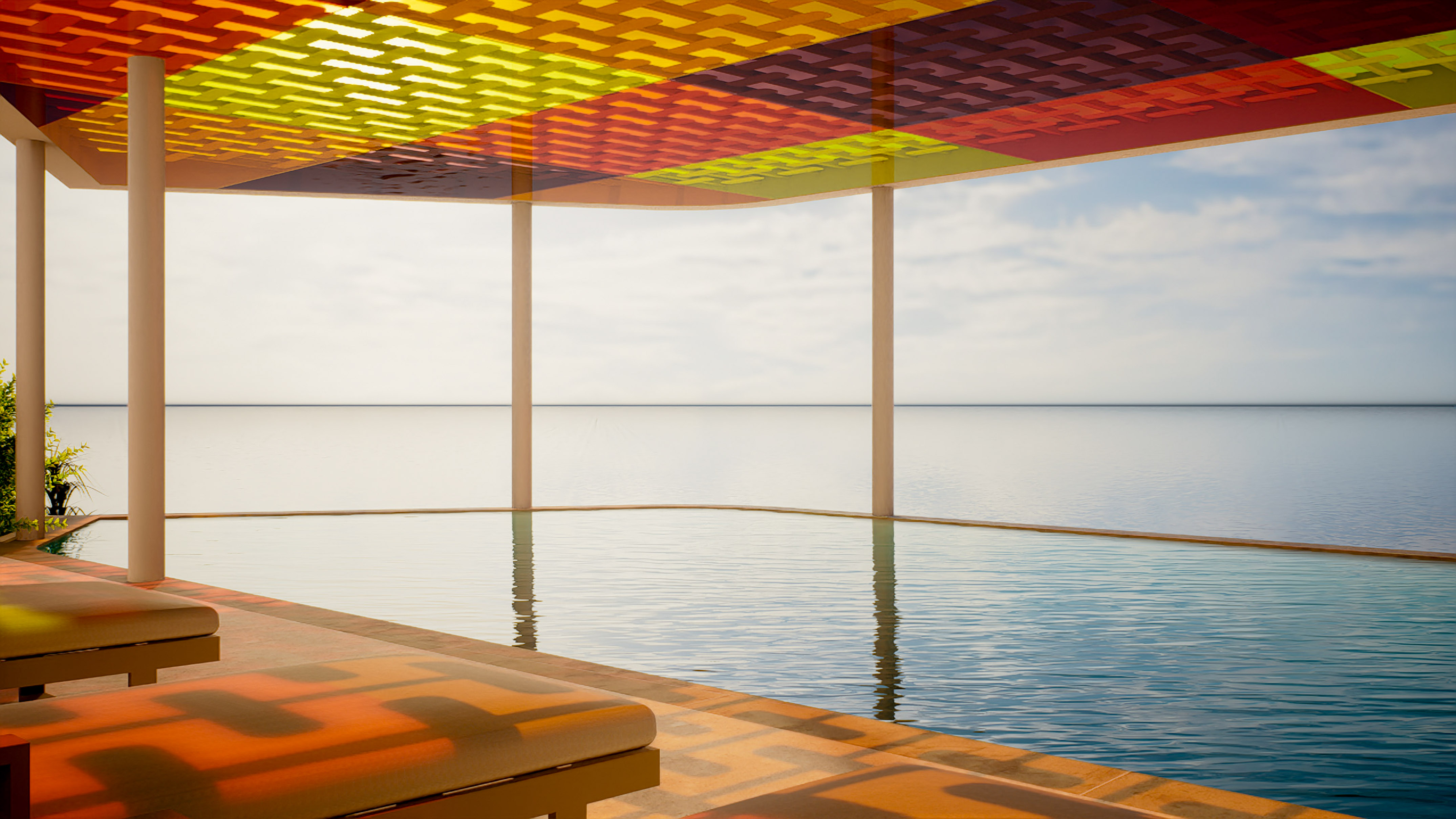 a pool with a colorful roof over it