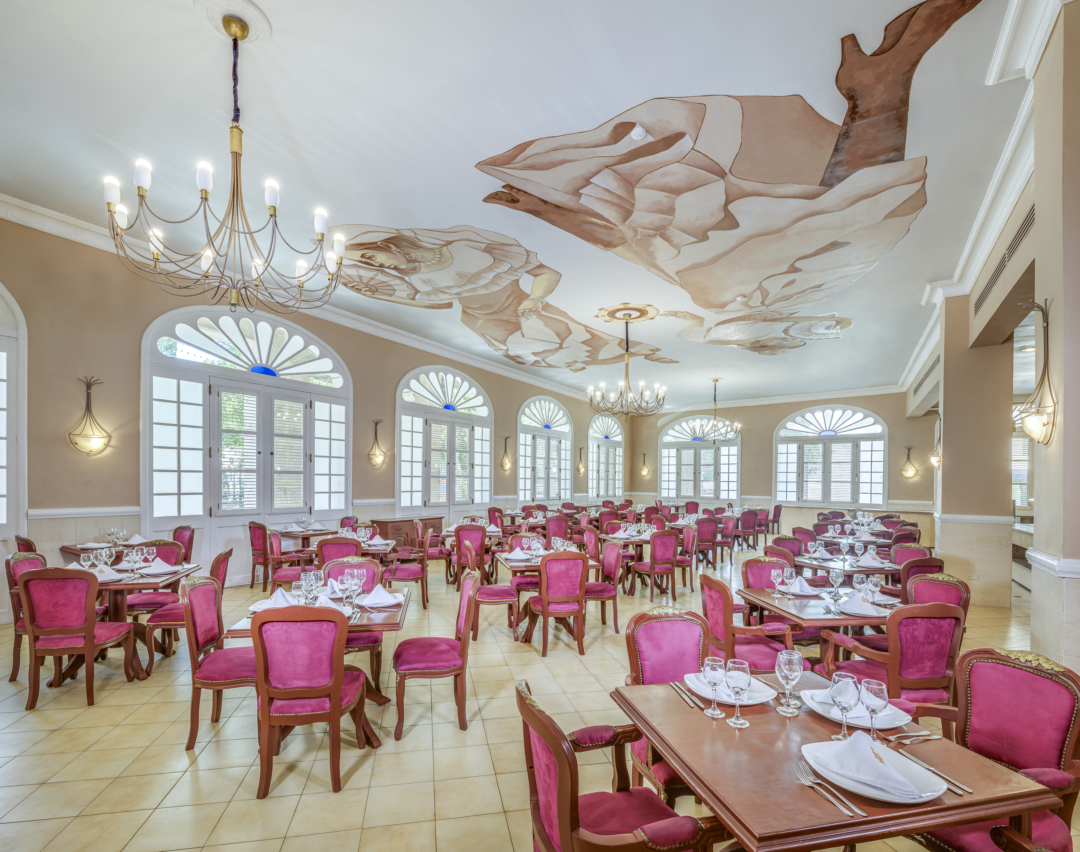 a room with tables and chairs