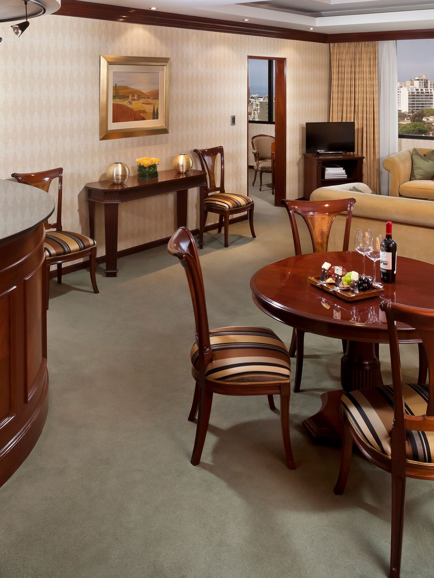 a room with a table and chairs