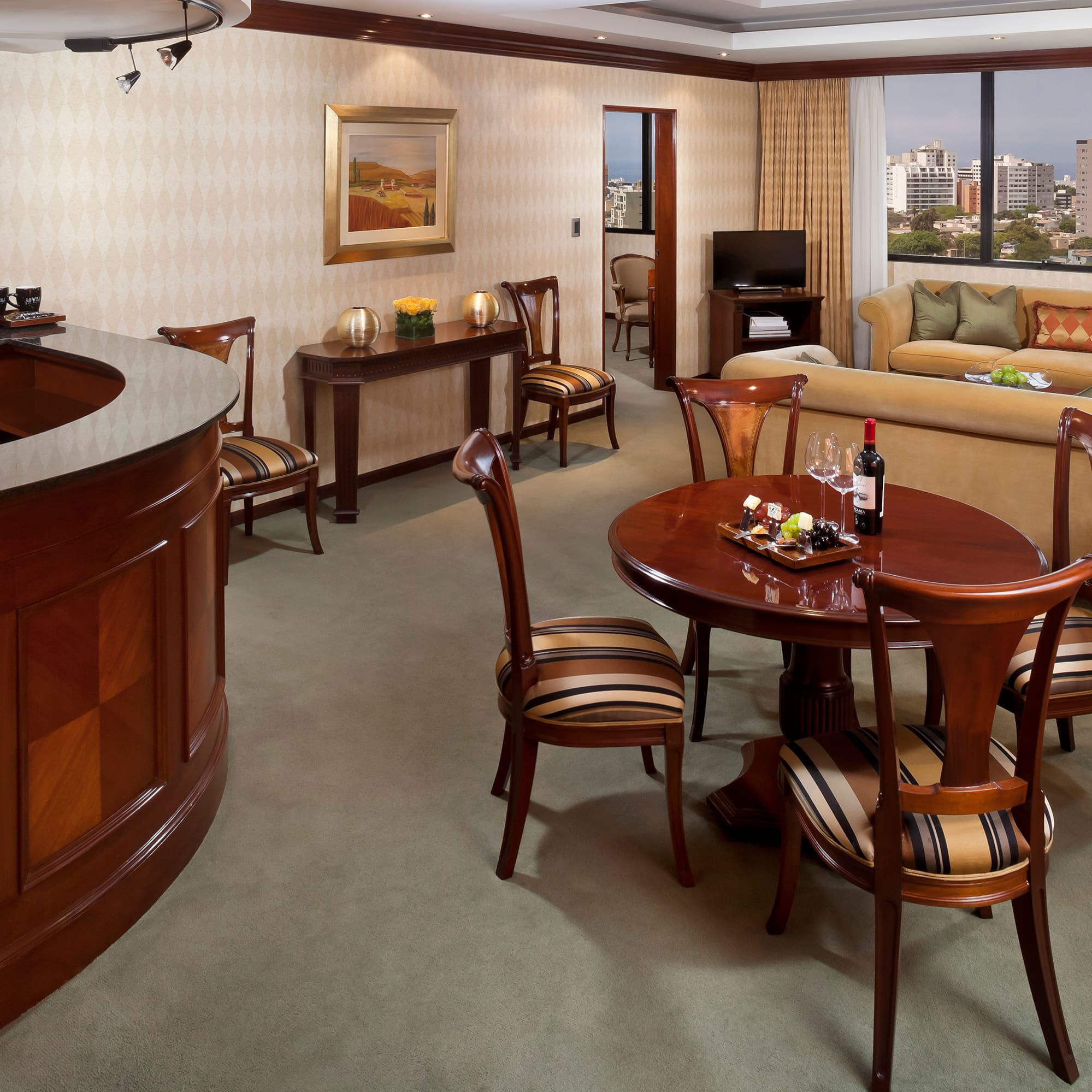 a room with a table and chairs