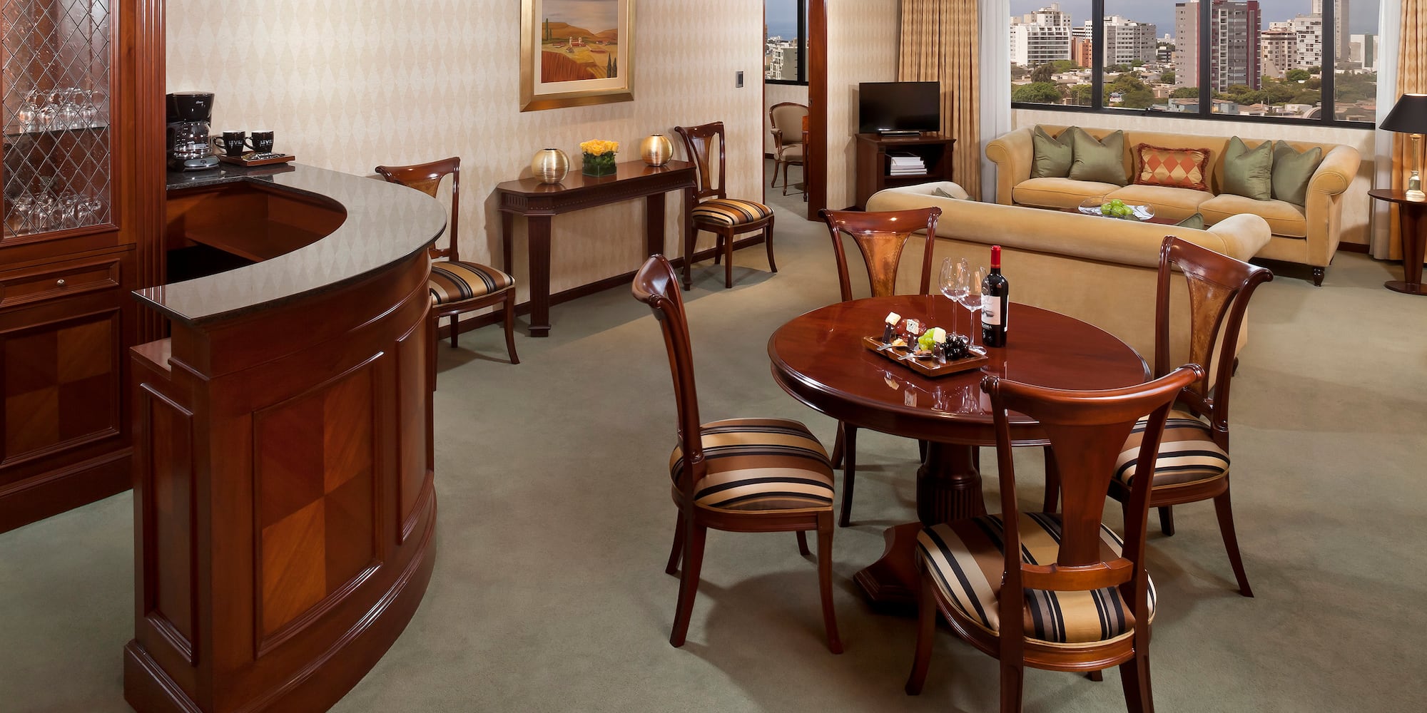 a room with a table and chairs