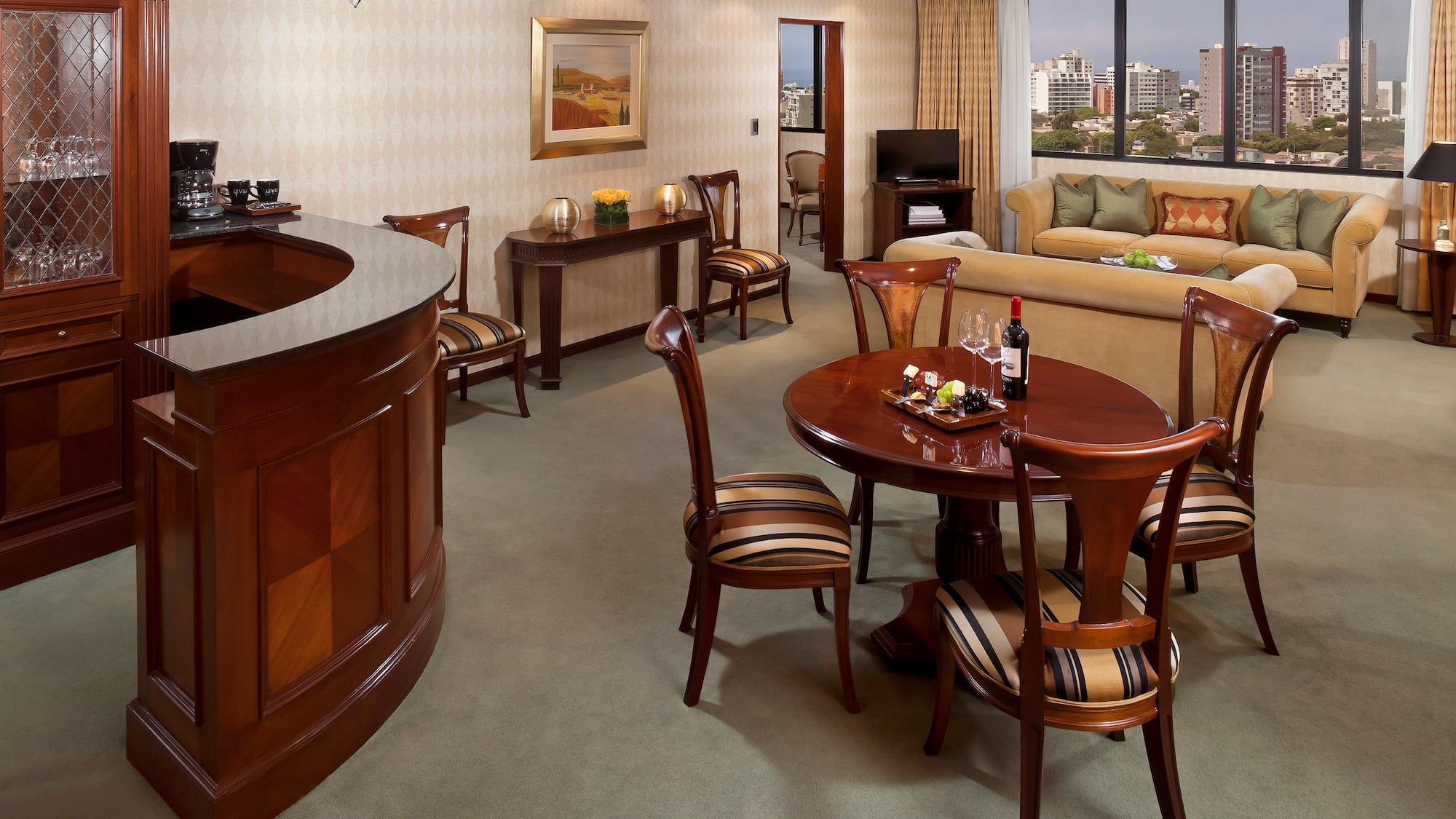 a room with a table and chairs