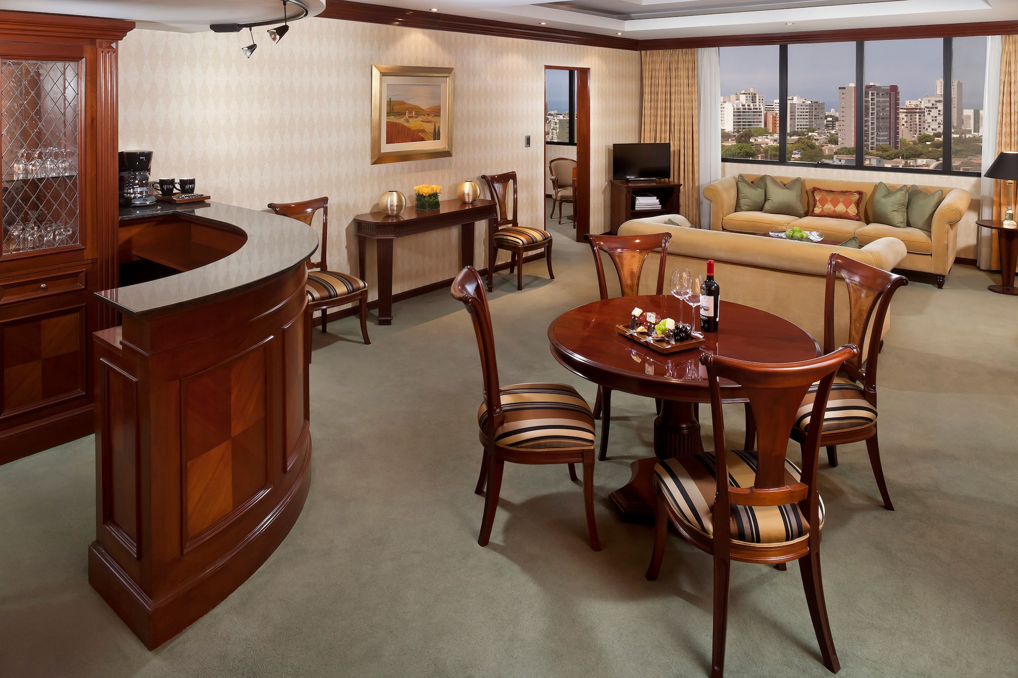 a room with a table and chairs