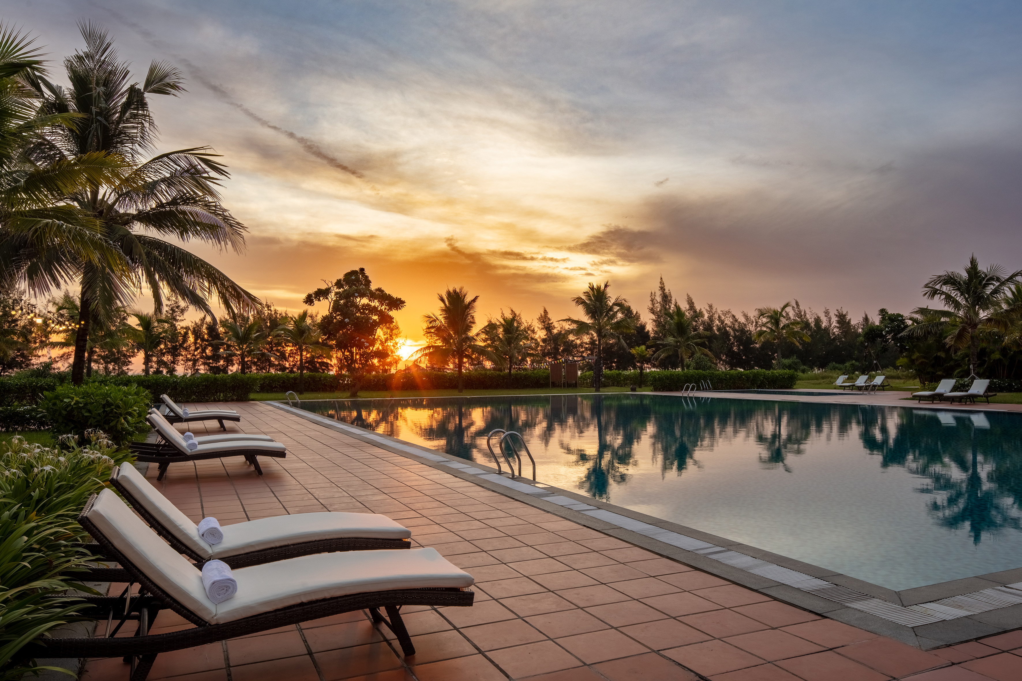 a pool with lounge chairs and palm trees