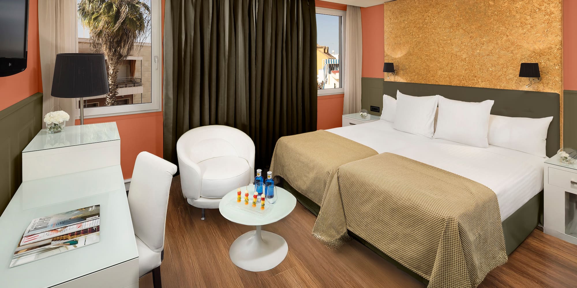 a room with a bed and a table