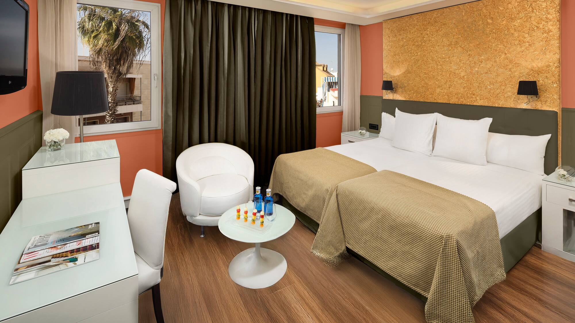 a room with a bed and a table