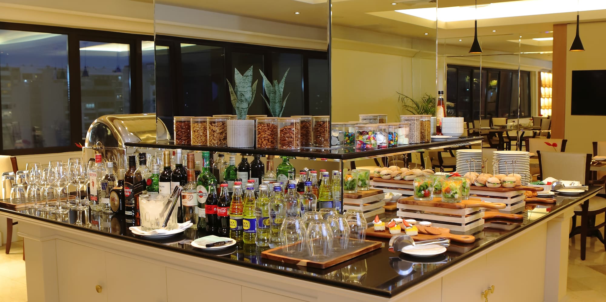 a buffet table with food on it