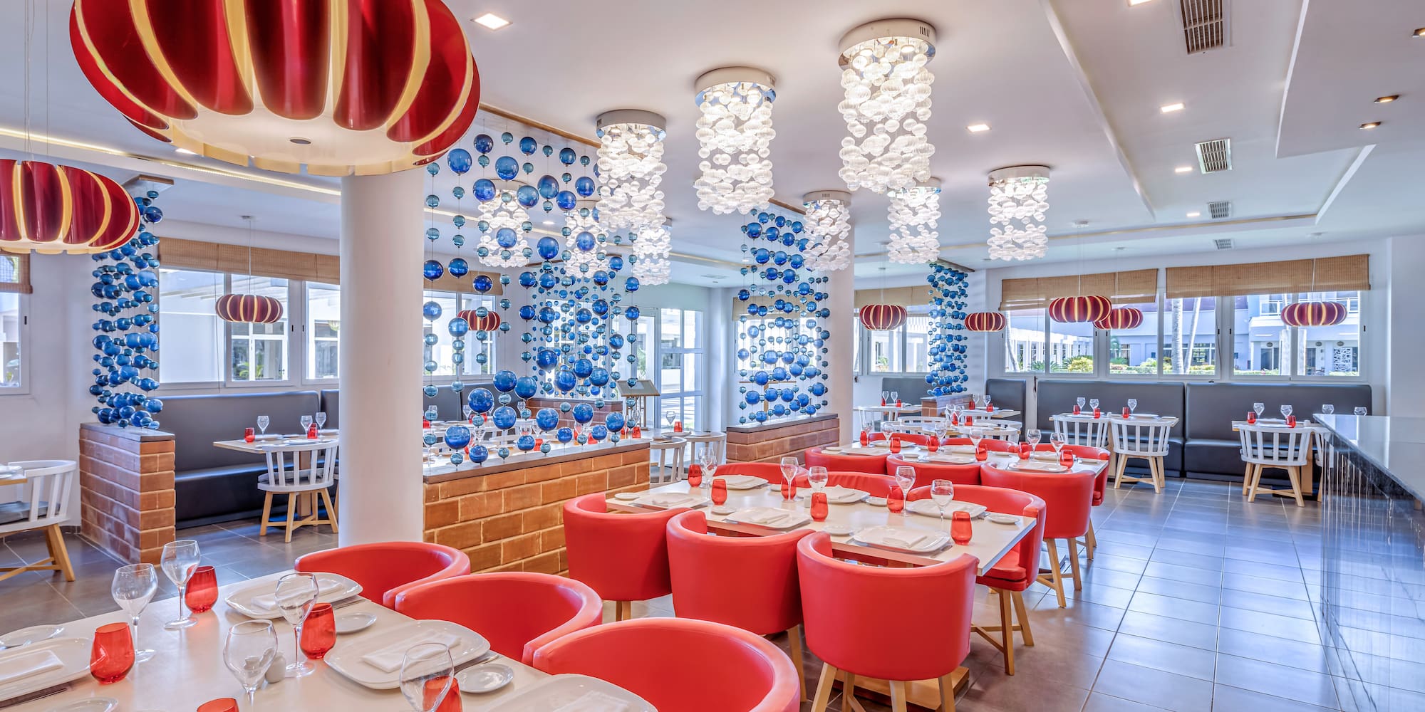 a room with tables and chairs