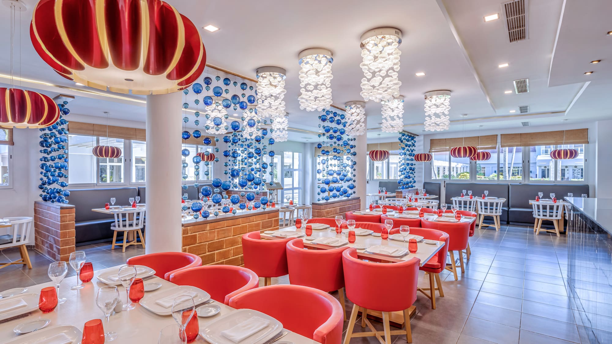 a room with tables and chairs