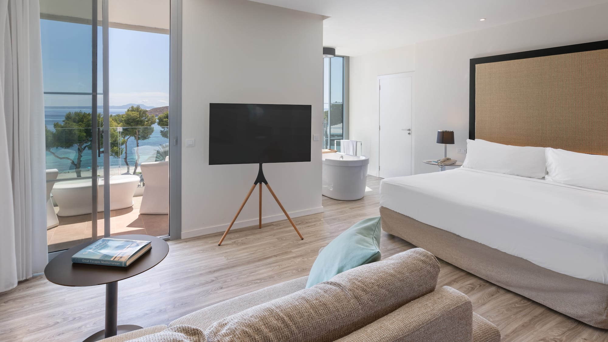 a room with a television and a tub