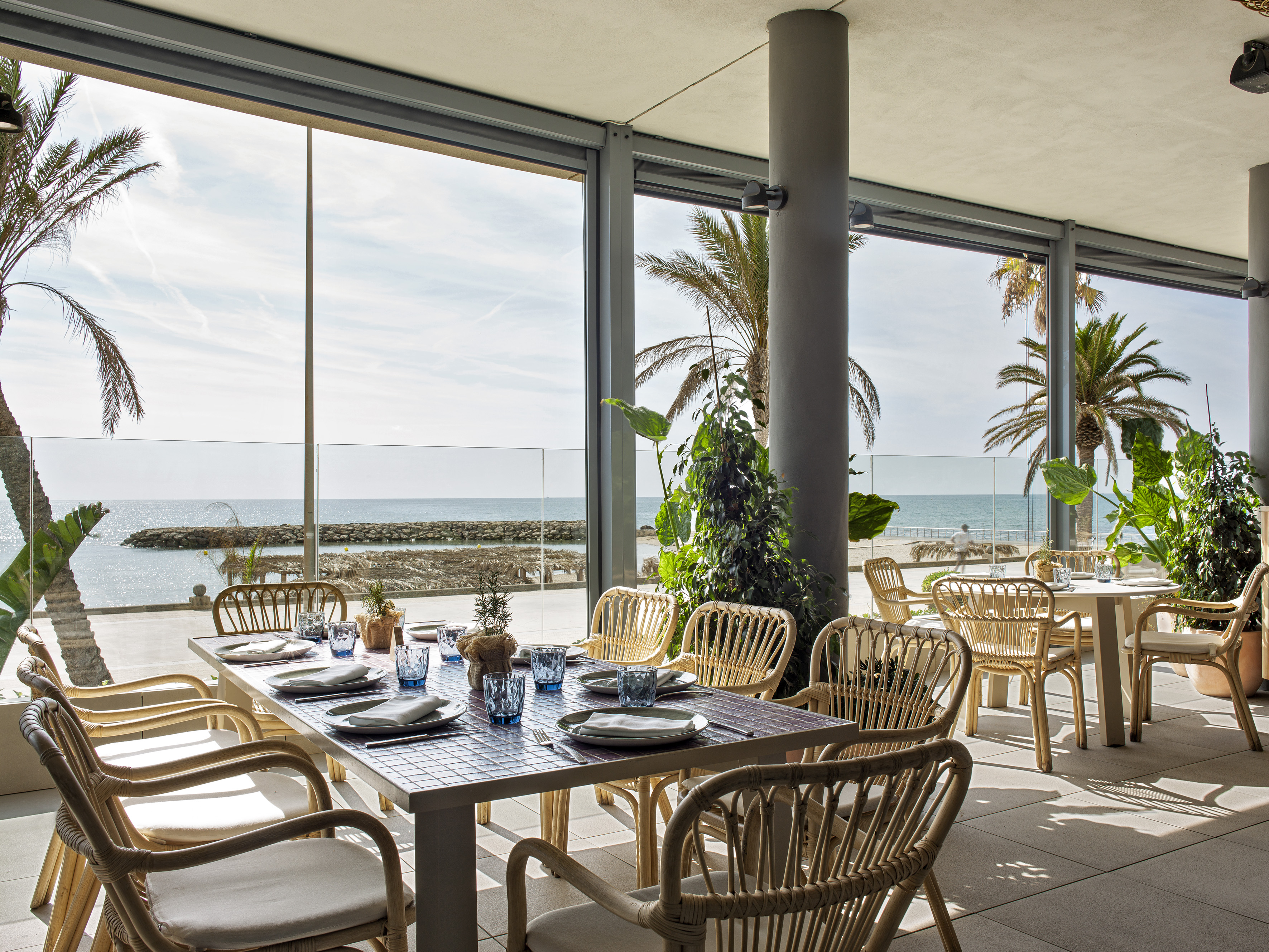 Beachfront restaurant dining area with ocean view, palm trees, and rattan chairs.