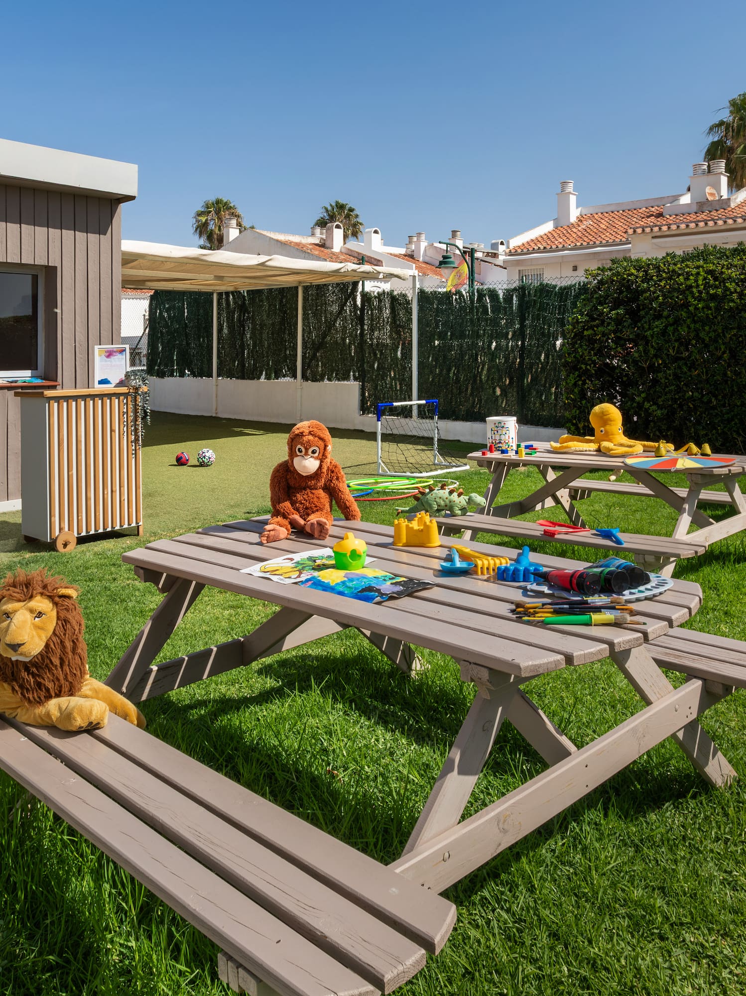 a picnic table with toys and toys on it
