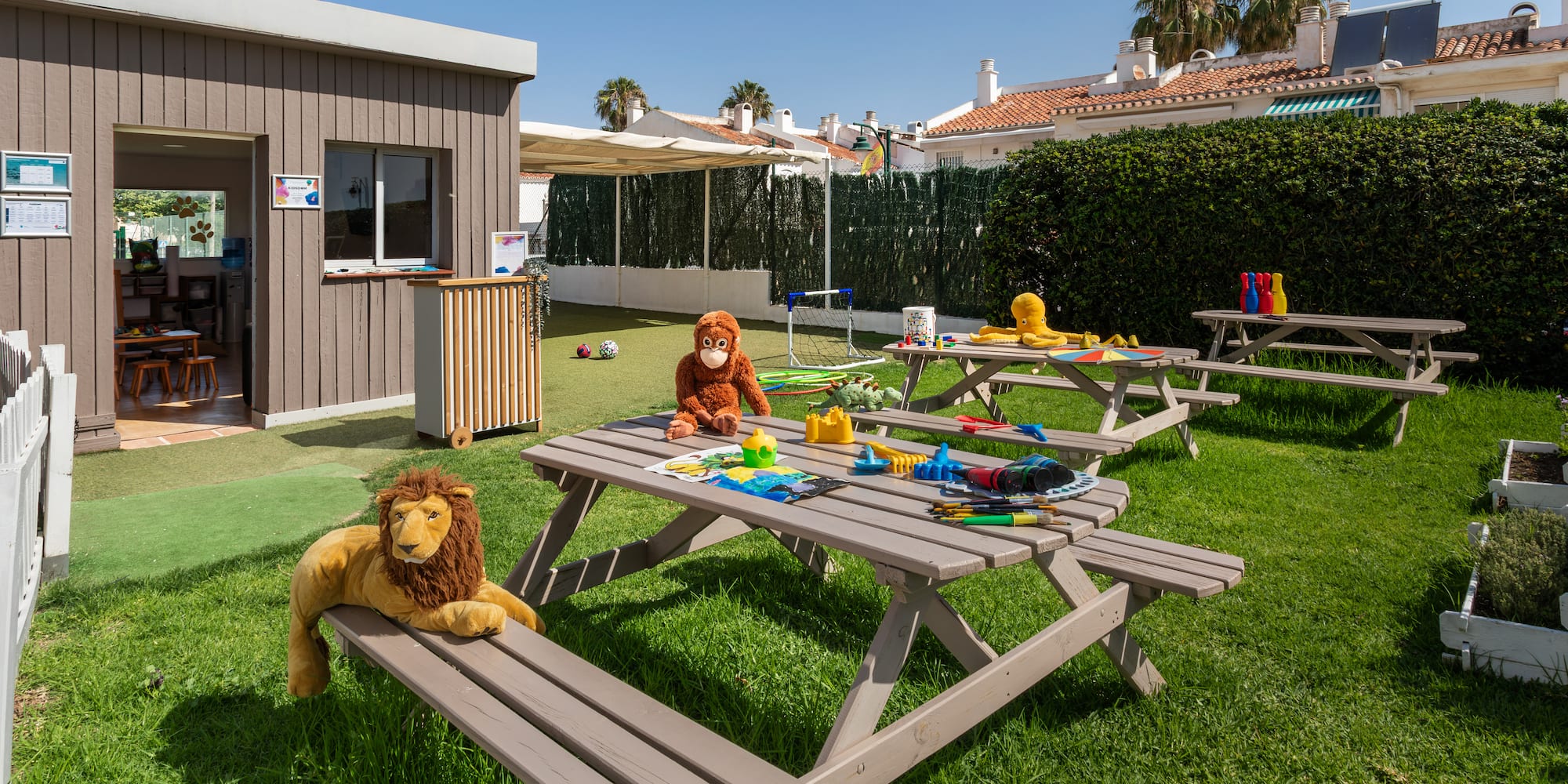 a picnic table with toys and toys on it