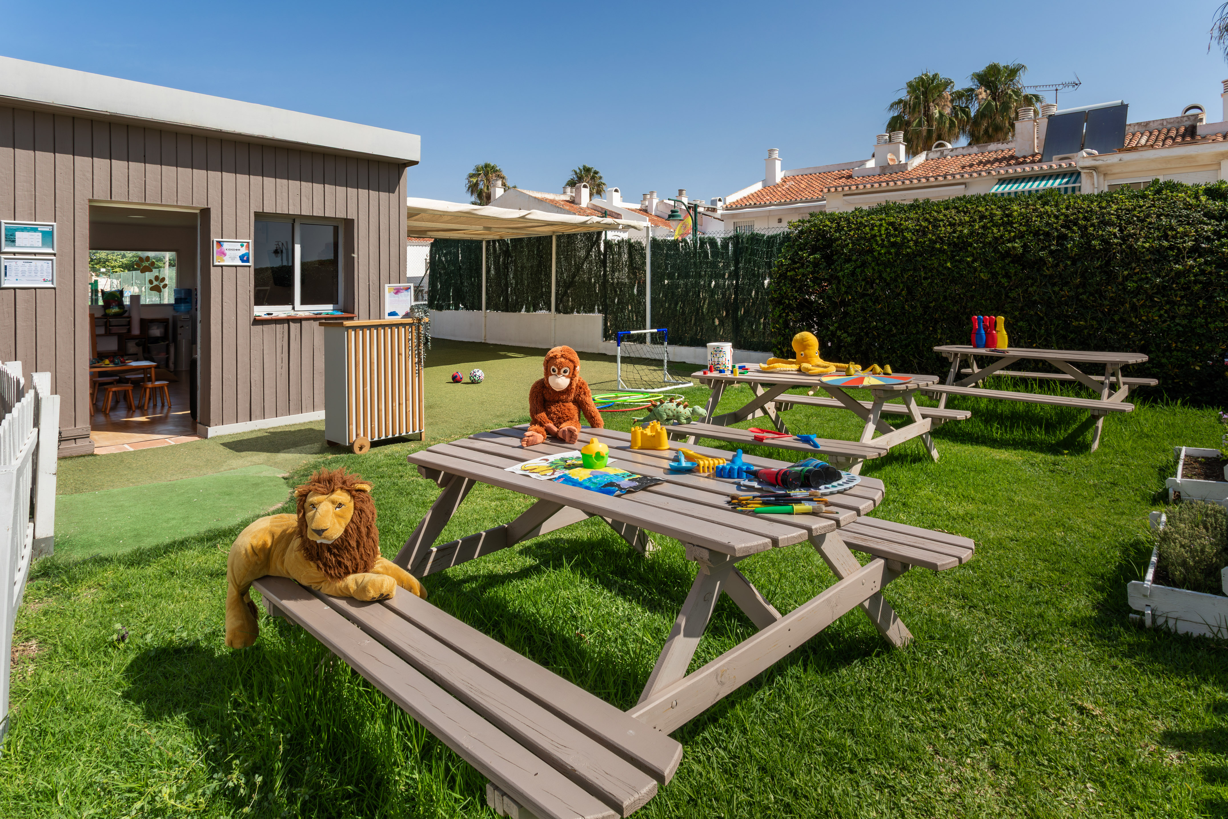a picnic table with toys and toys on it