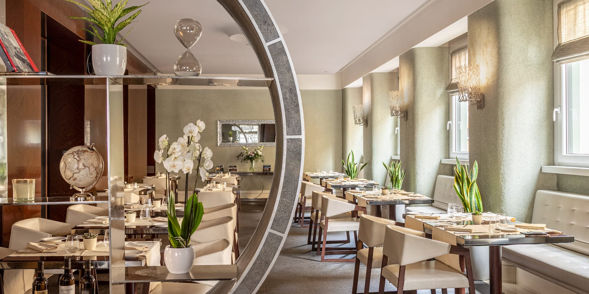 a room with tables and chairs