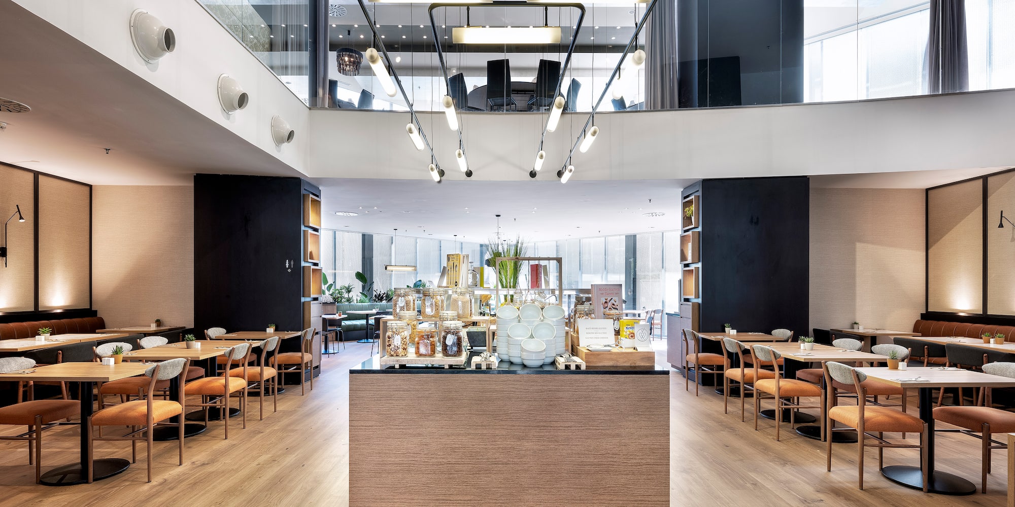 a room with tables and chairs