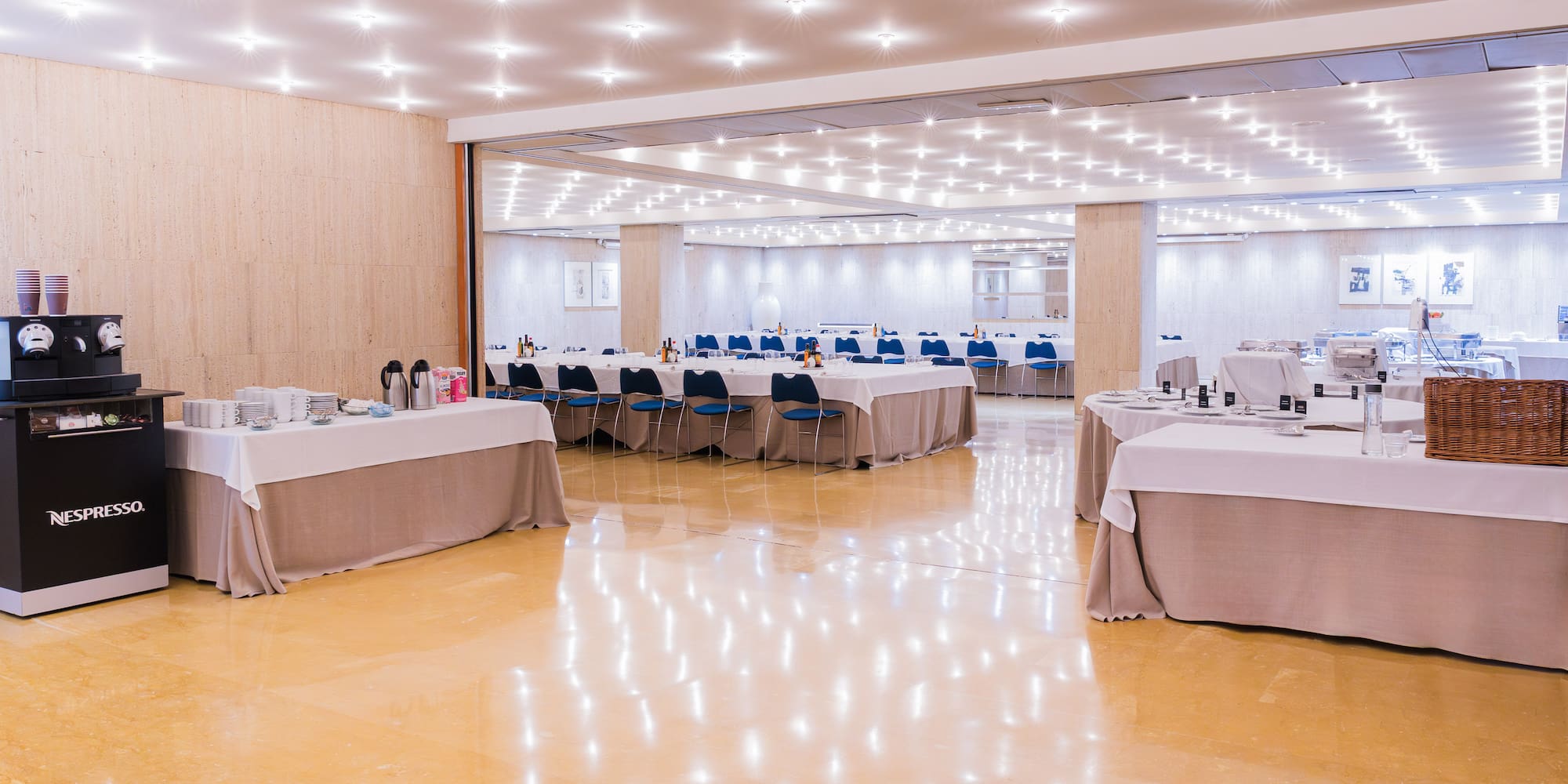 a room with tables and chairs