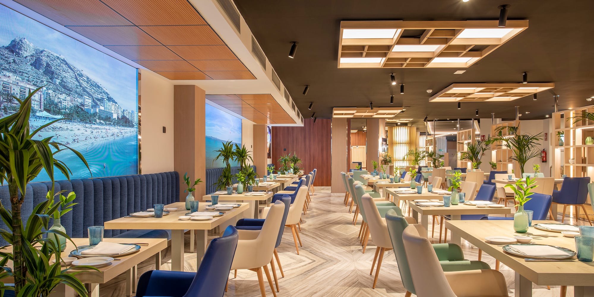 a room with tables and chairs