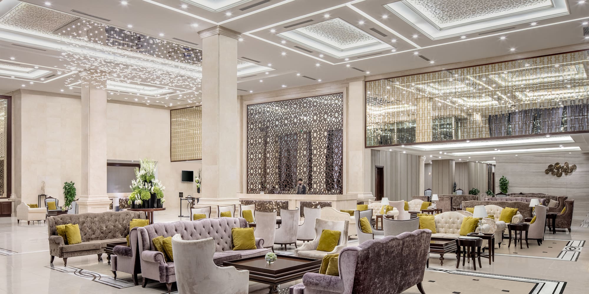 a large room with couches and tables