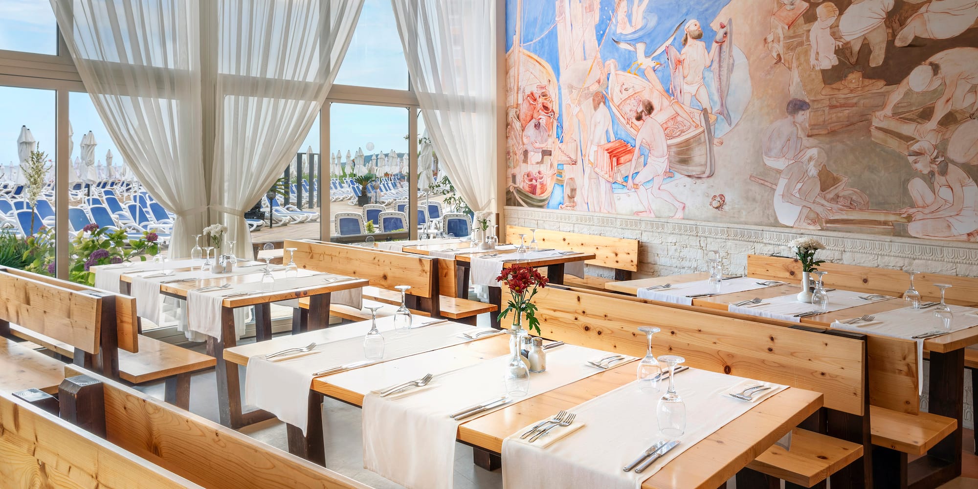 a room with tables and chairs