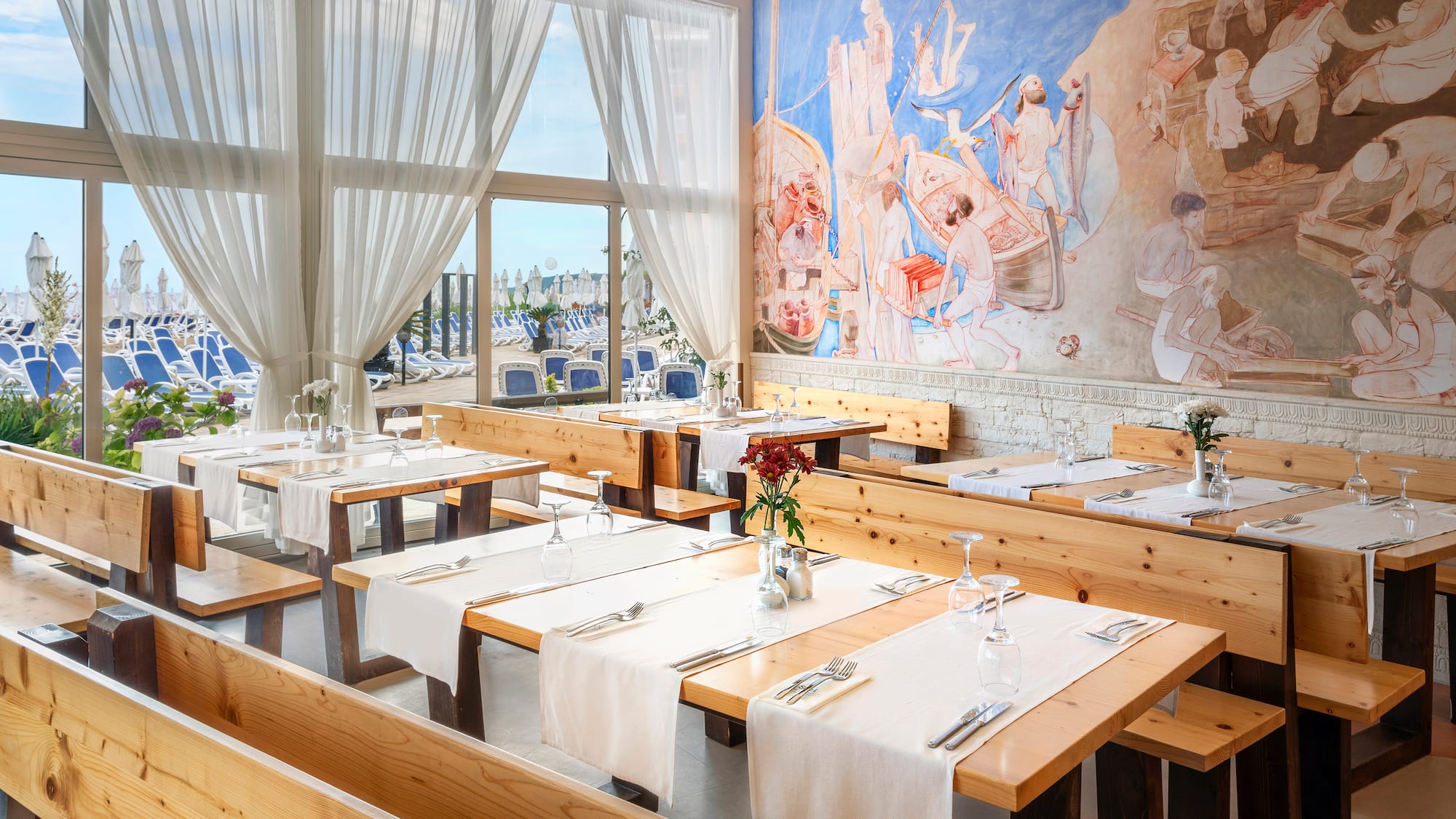 a room with tables and chairs