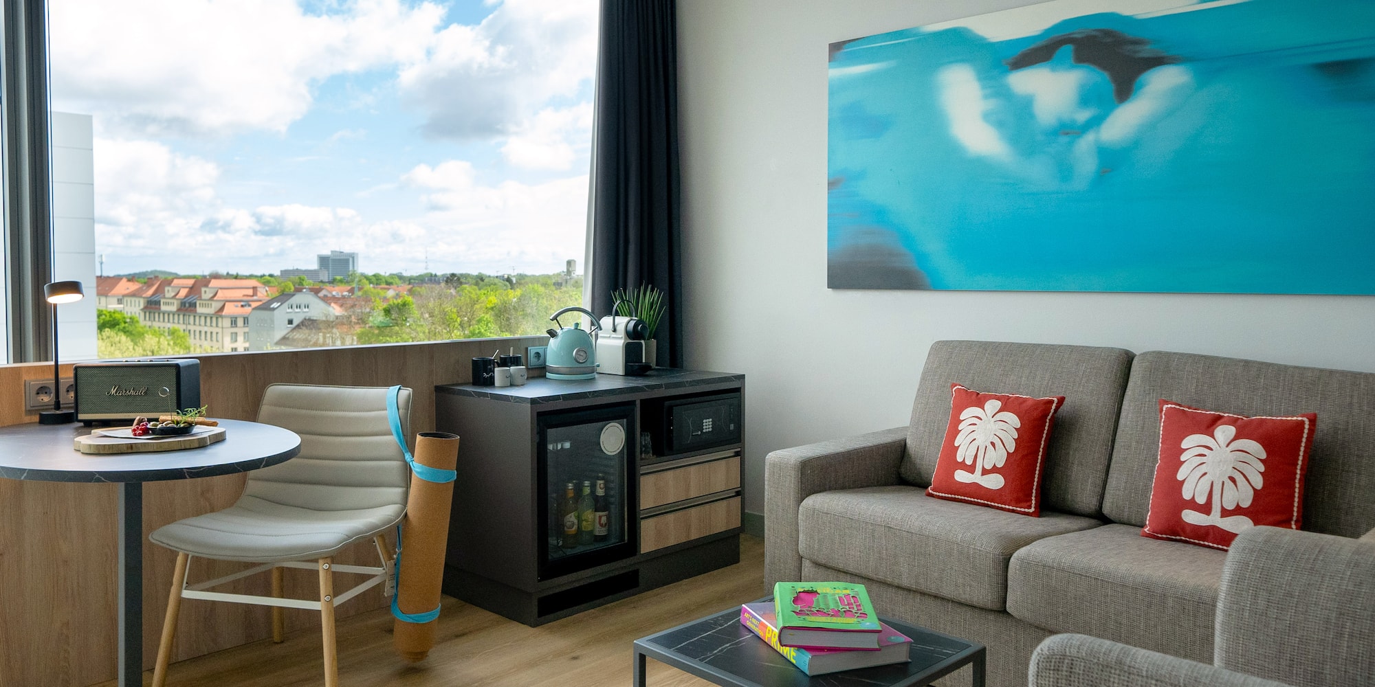 a living room with a table and couch