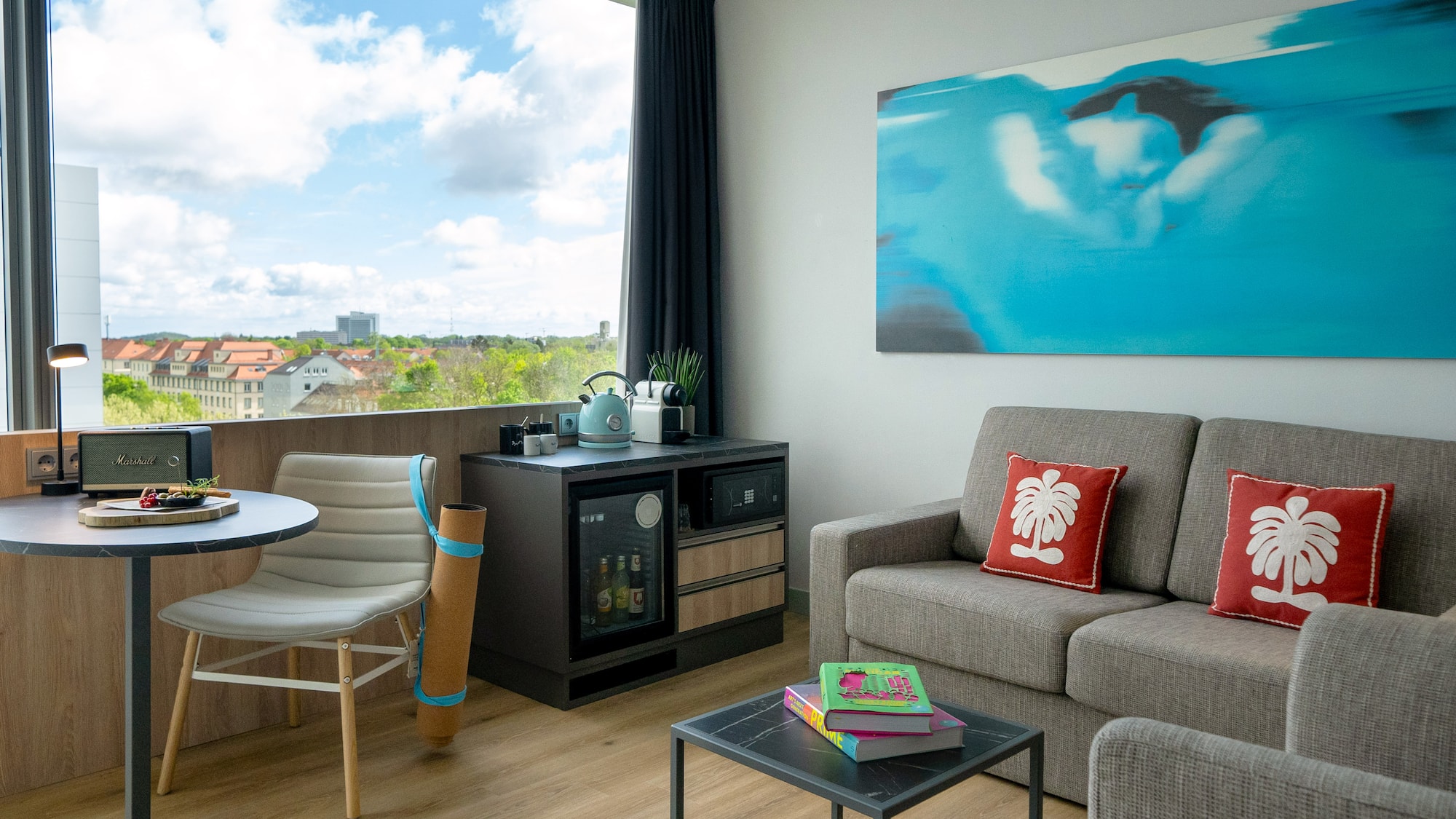 a living room with a table and couch