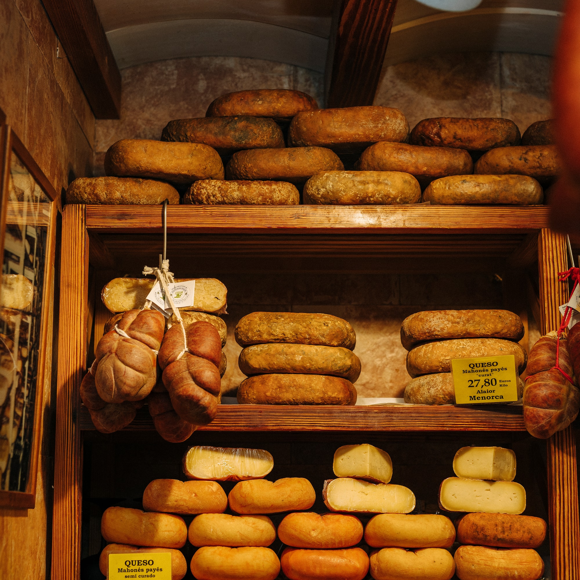 shelves with different types of meats on it