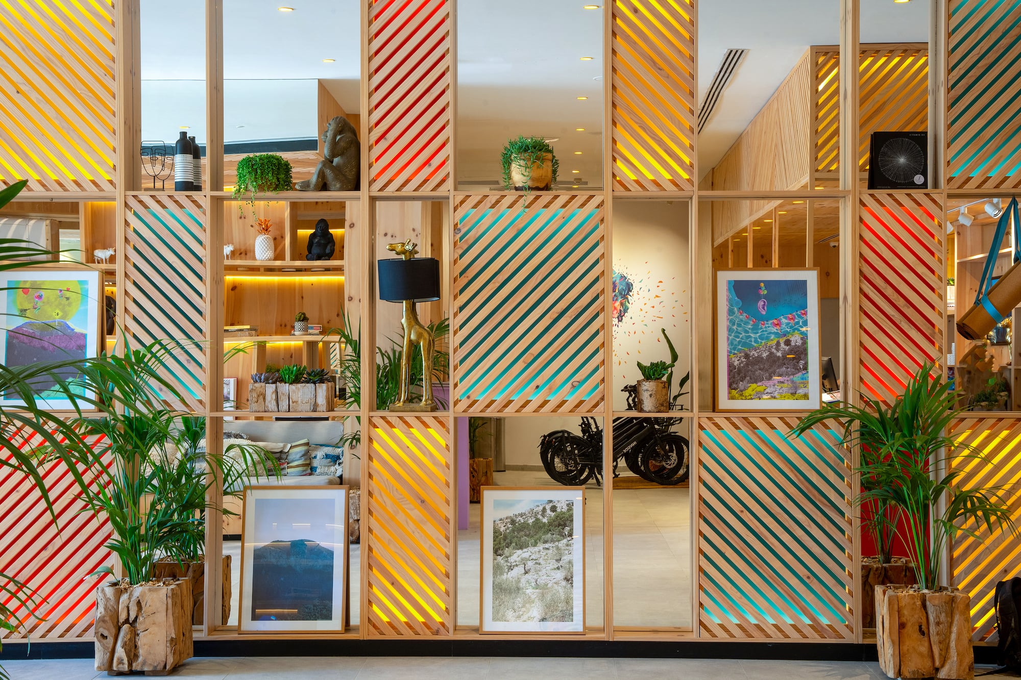 a room with a mirror wall and shelves with plants and a lamp