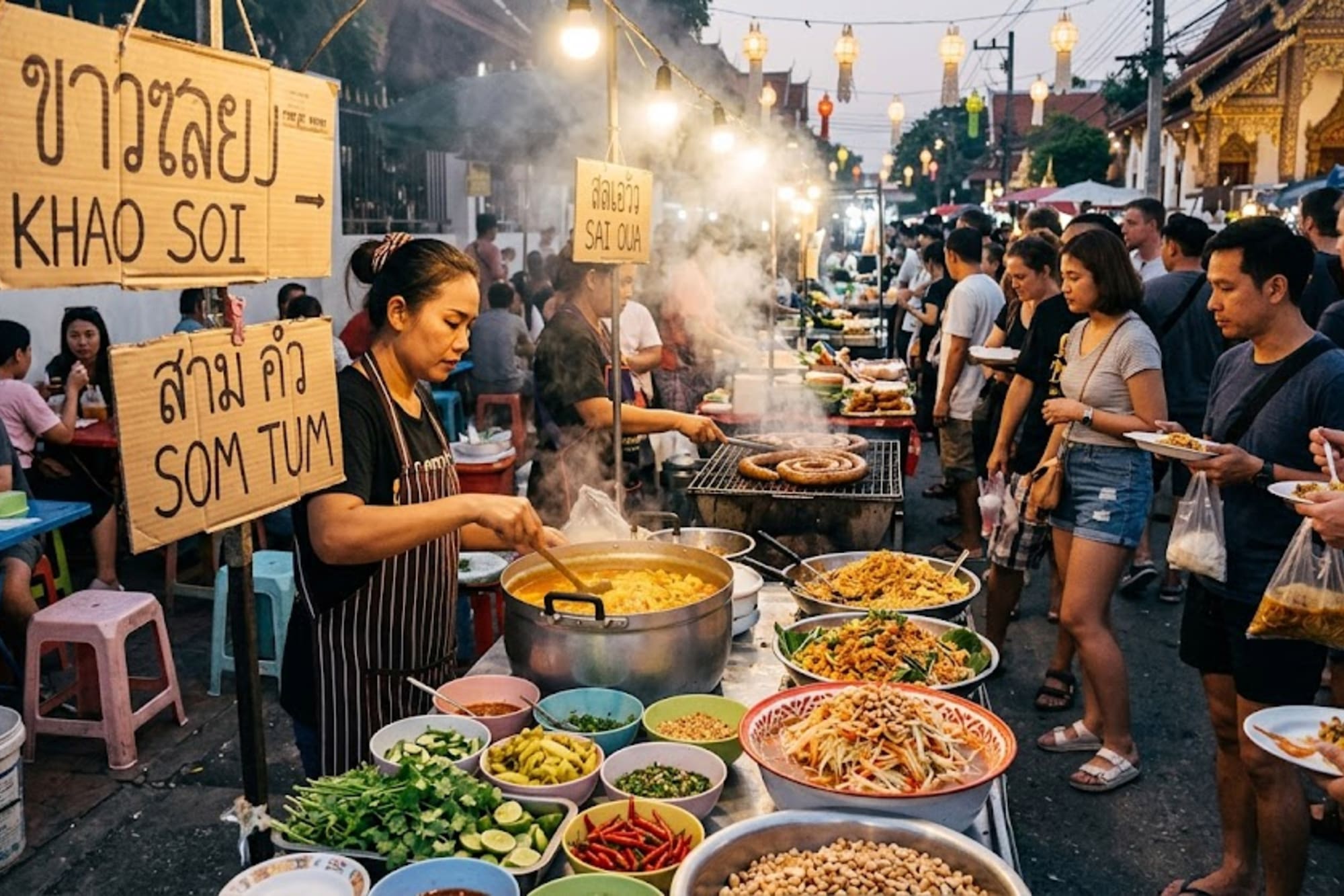 Busy Thai street food market, vendors cook Khao Soi and Som Tum for customers.