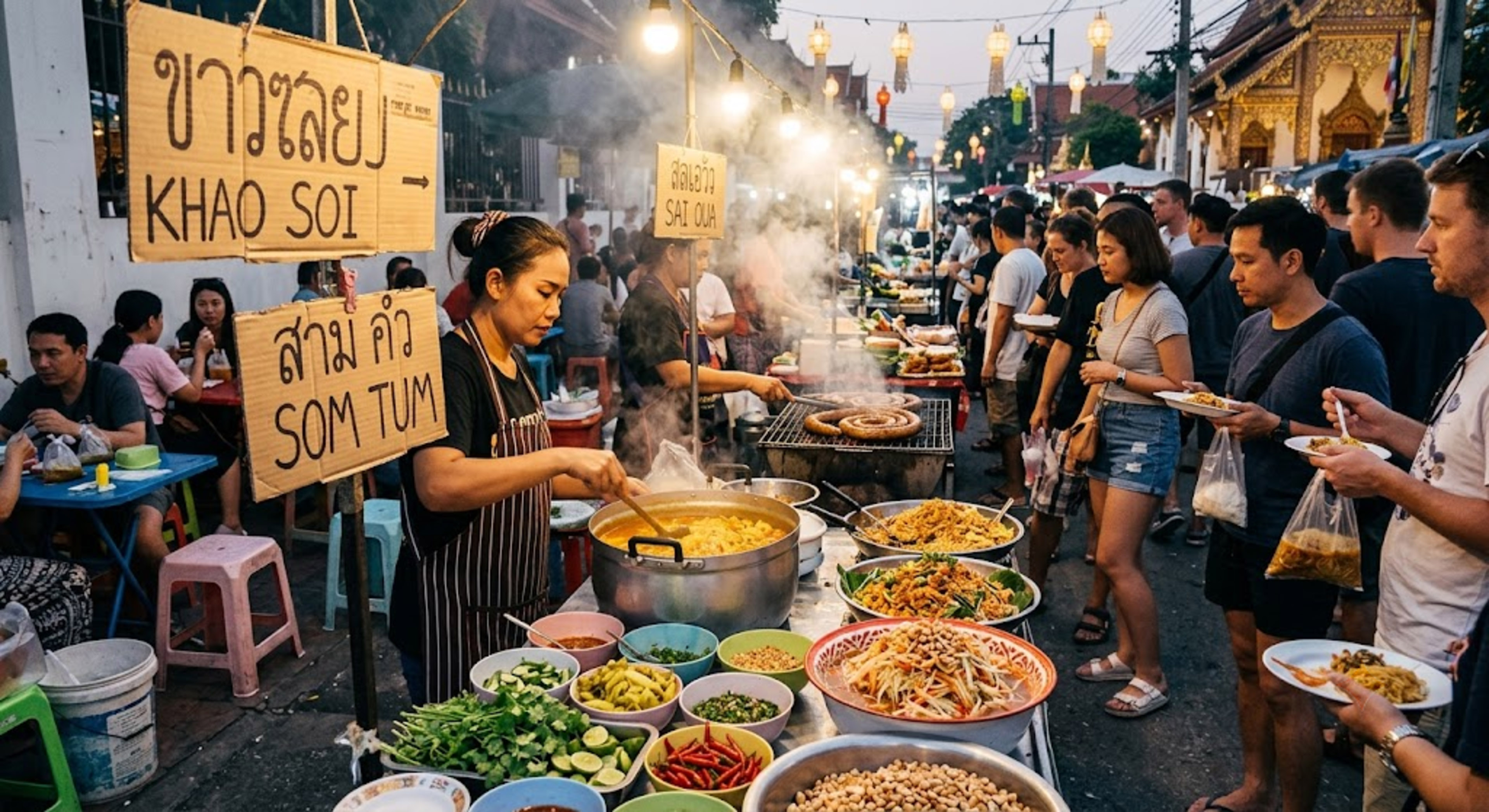 Busy Thai street food market, vendors cook Khao Soi and Som Tum for customers.