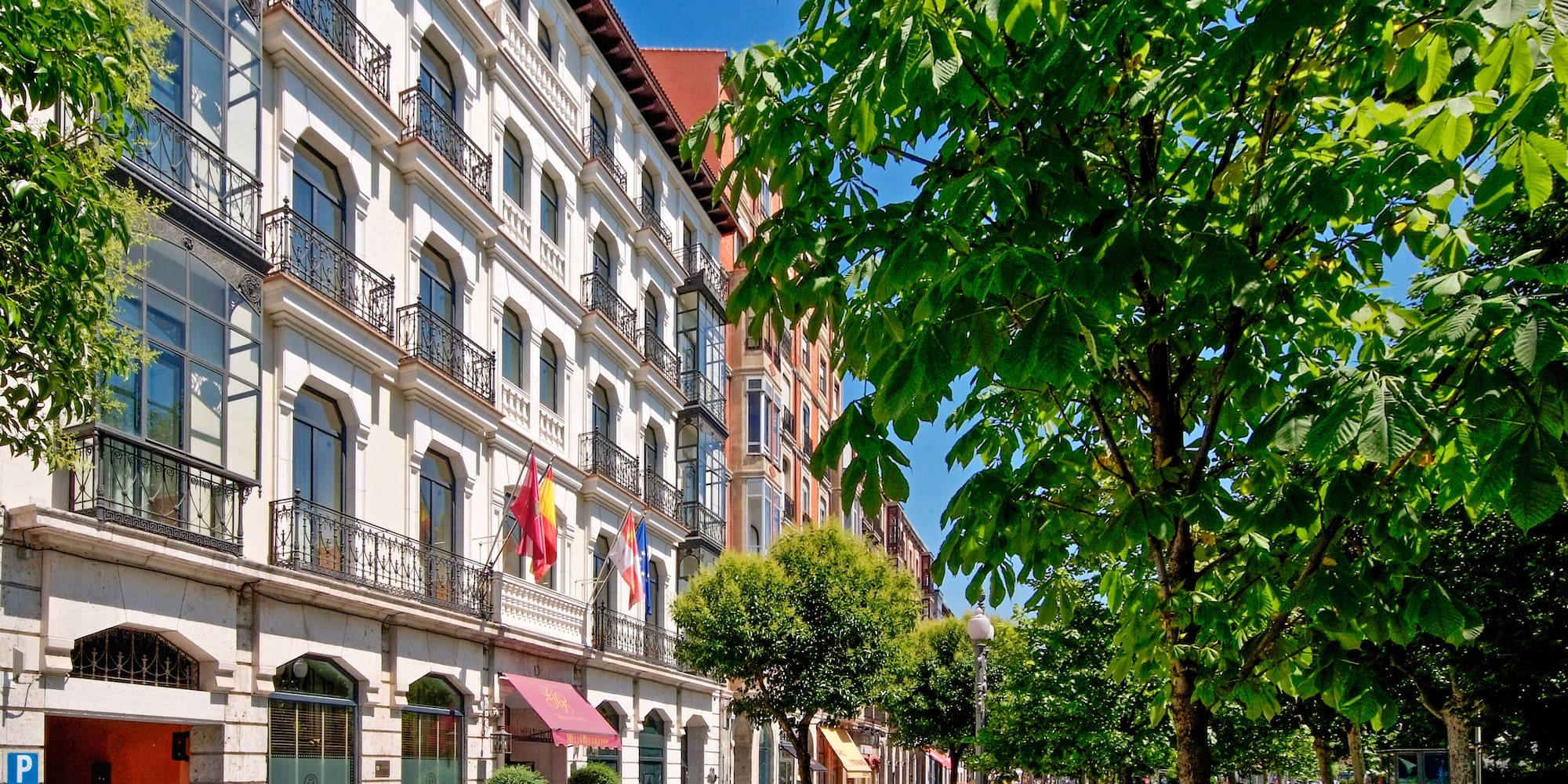 Fachada de hotel con balcones y banderas, avenida arbolada en día soleado.