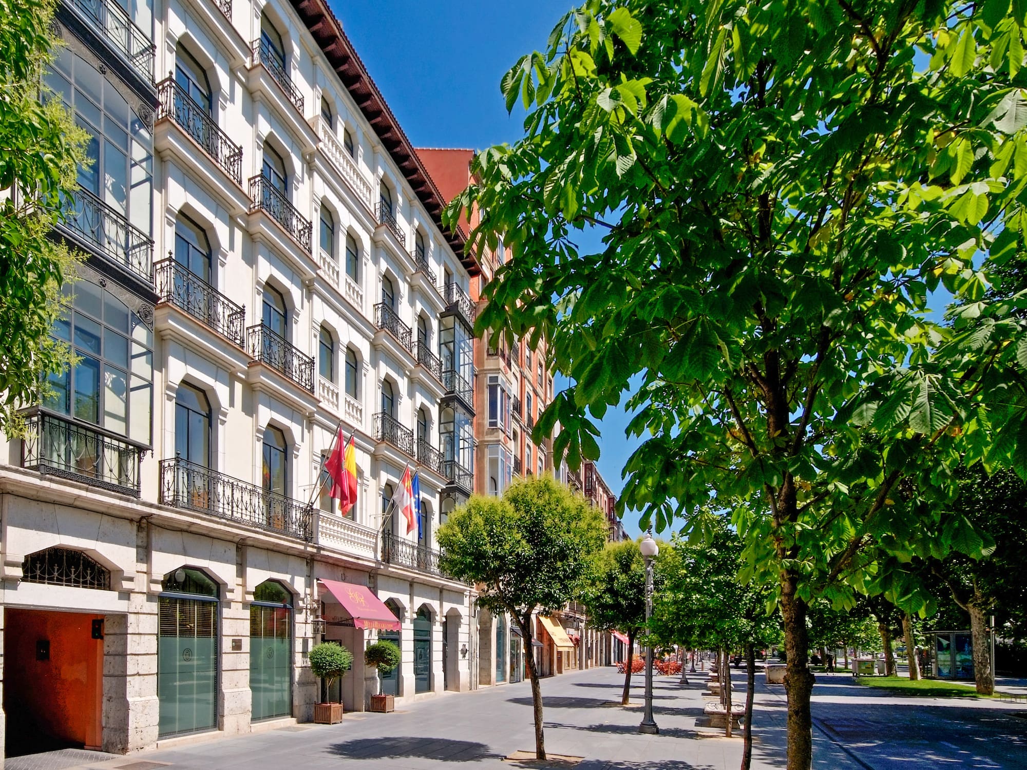Fachada de hotel con balcones y banderas, avenida arbolada en día soleado.