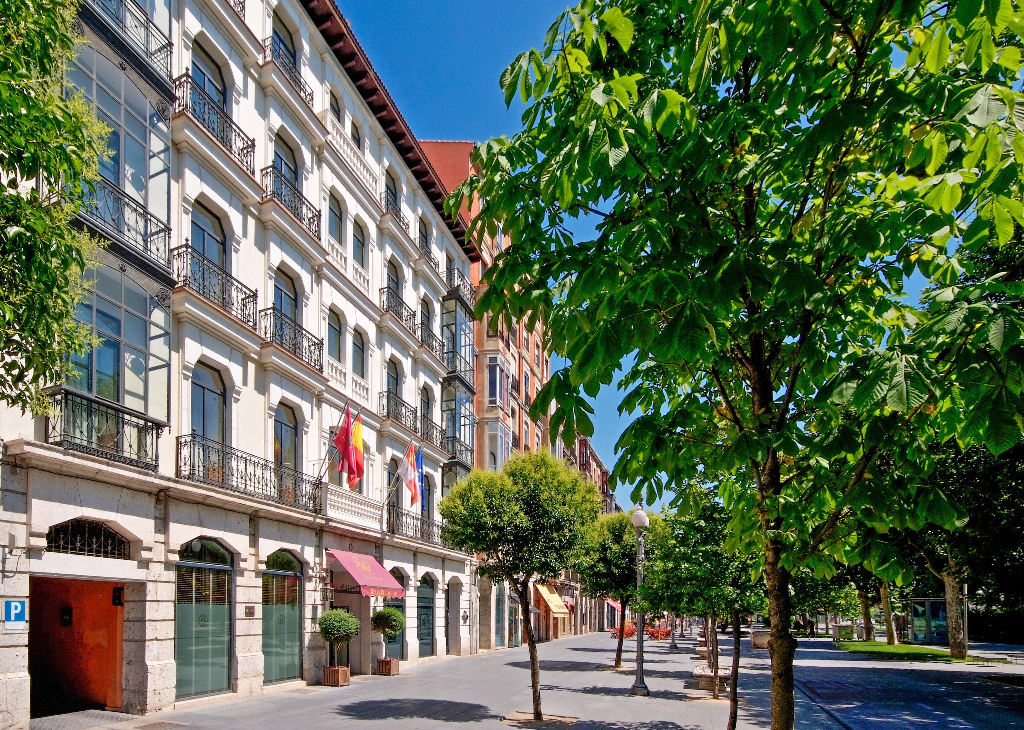 Fachada de hotel con balcones y banderas, avenida arbolada en día soleado.